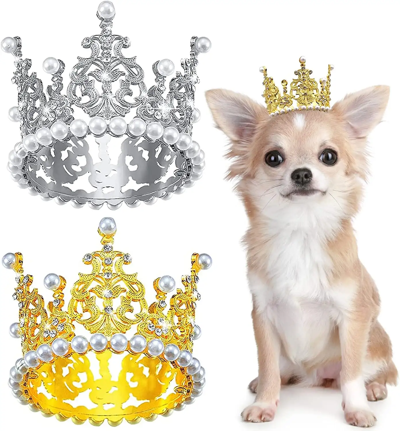 Haobuy Dog Crown Headband Puppies Cat Hat for Birthday Party Rhinestone Faux Pearl Crown for Pets Costume-S