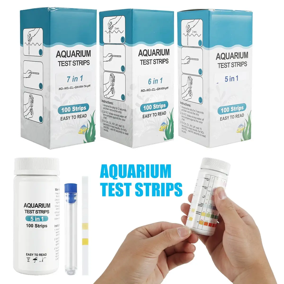 Niyofa 100Pcs Aquarium Test Strips 7 in 1 Fish Tank Test Kit Freshwater Saltwater Aquarium Water pH Test Strips Kit for Total Hardness Nitrate Nitrite Free Chlorine Carbonate pH Value Total Alkali