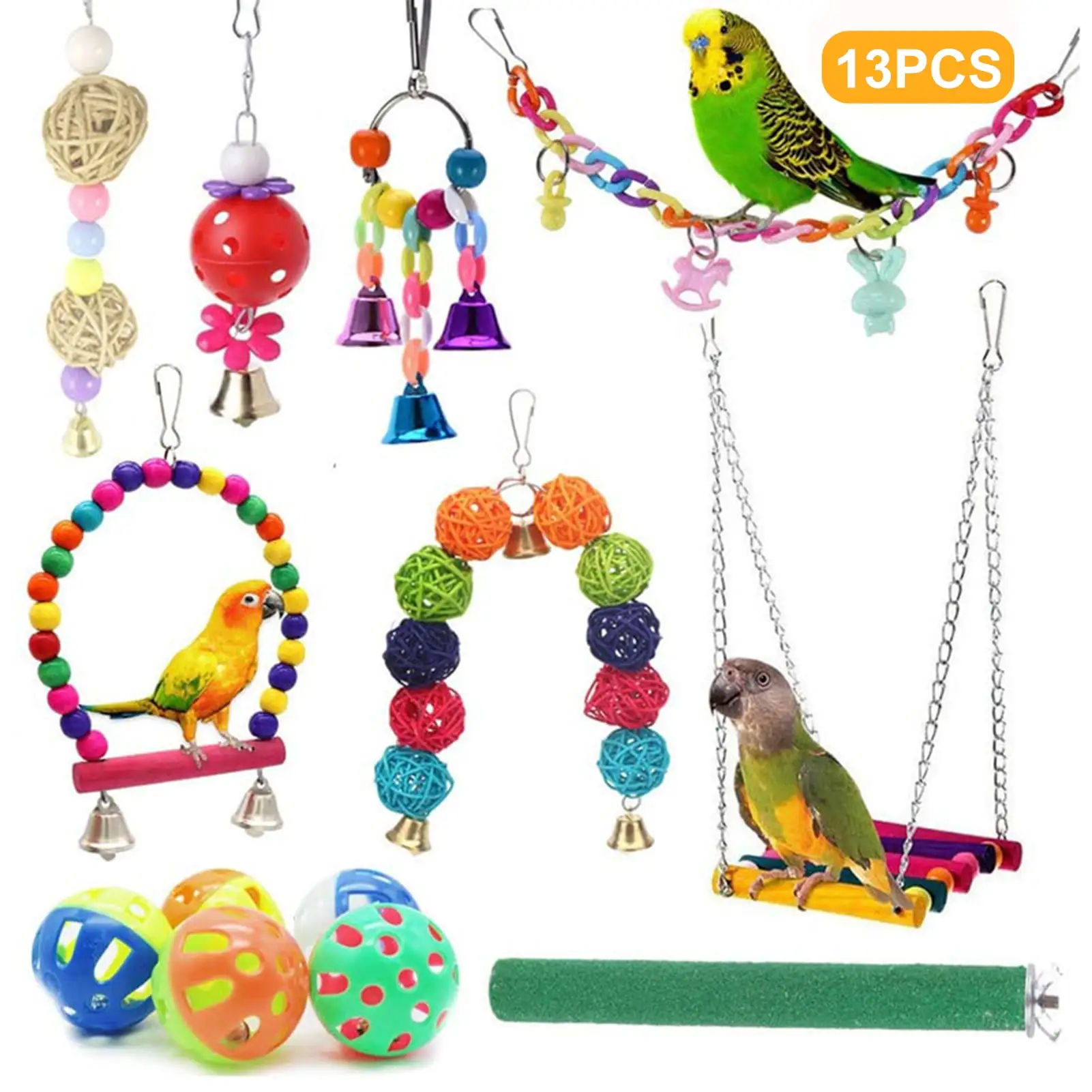 opvise 13Pcs/Set Cockatiel Toys Kit Multiple Colors Bite Resistant Natural Parrot Swing Ball Bell Standing Training Toys Cage Accessories Sets