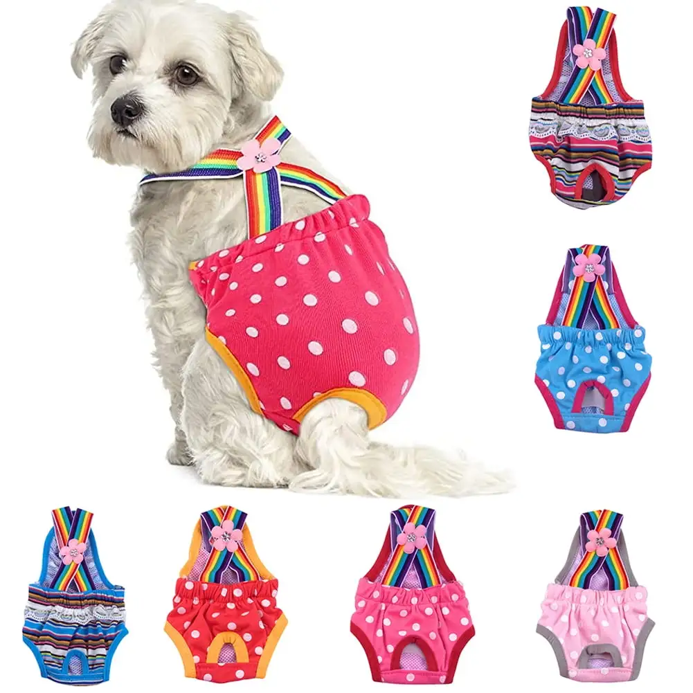 Dengjunhu Dog Diaper Pet Sanitary Pantie with Adjustable Suspender Polka-Dot Puppy Underwear Diaper Jumpsuit for Girl Female Dogs Puppy