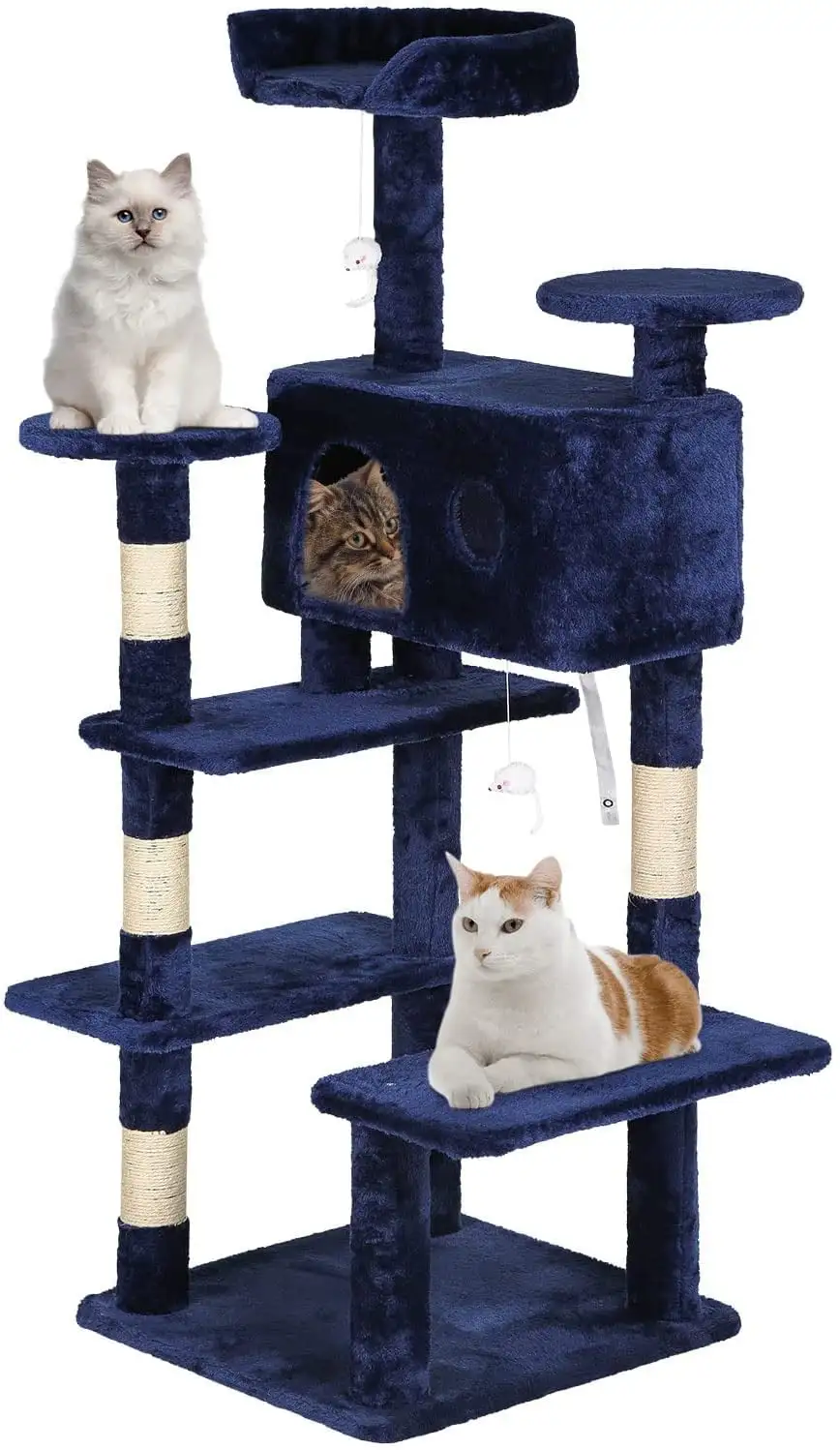 BestPet 54in Cat Tree Tower with Cat Scratching Post .Multi-Level Indoor with Funny Toys for Kitty Pet Play House.Navy Blue