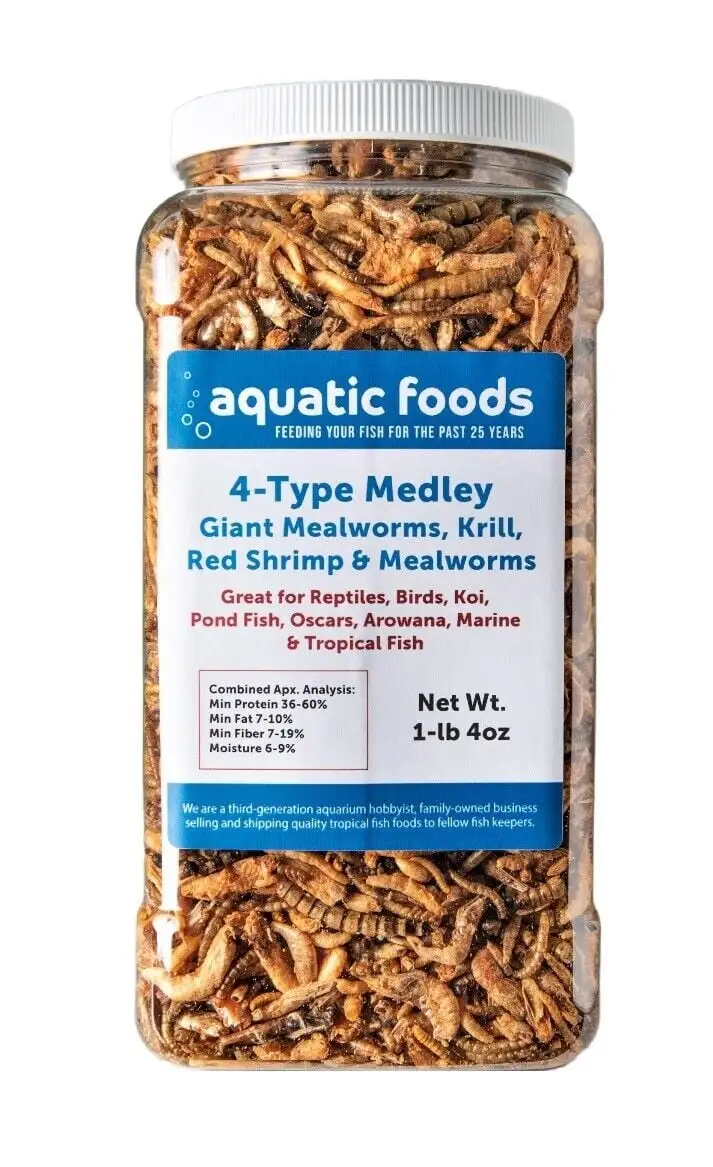 4-Type Medley Mix of Freeze Dried Superworms. Krill. Red Shrimp. Mealworms for Reptiles. Turtles. Tortoises. Frogs. Hamsters. Birds. Rodents??1-lb & 4oz Lg Jar