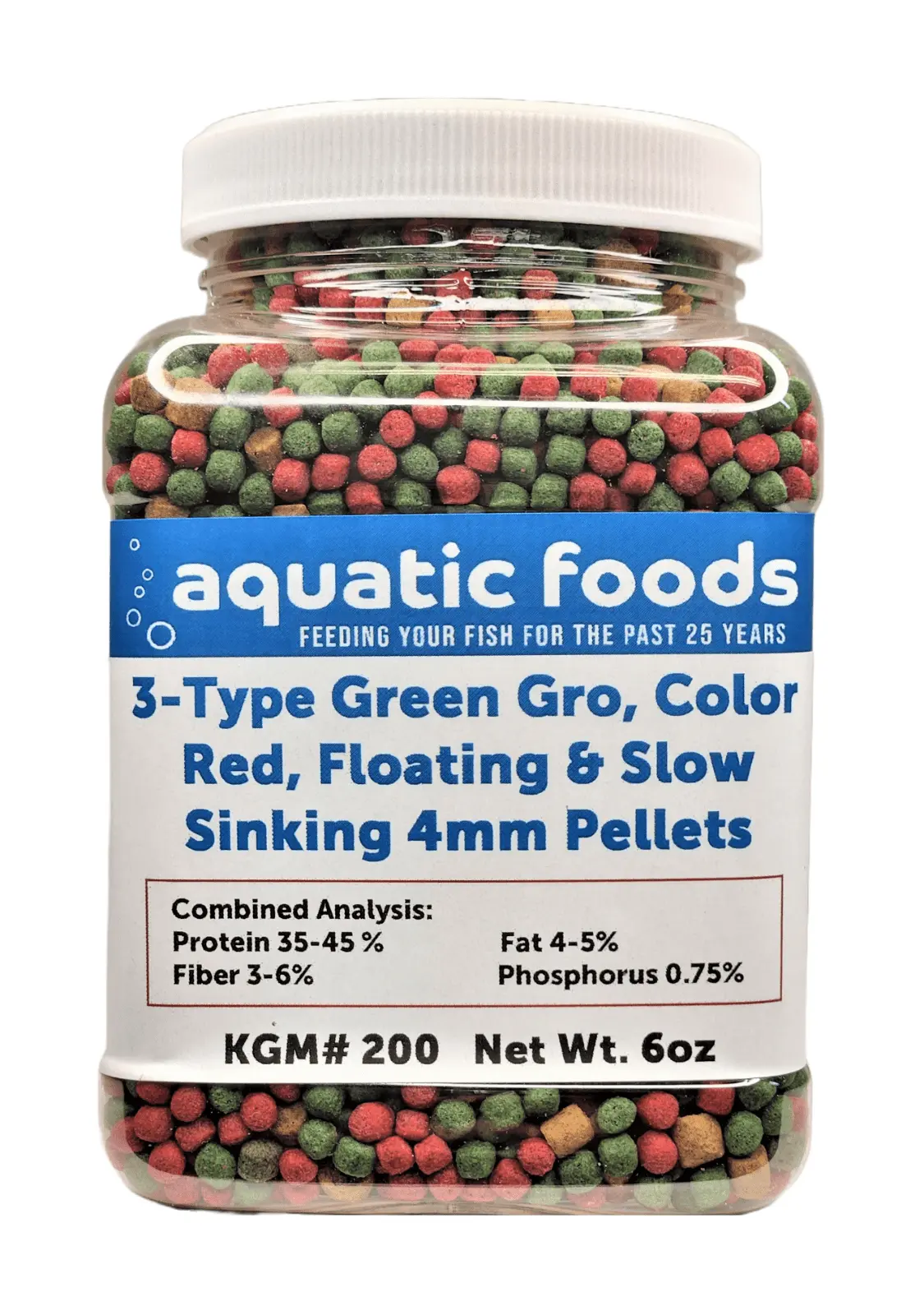 3-Type Blend of 4mm Floating Green GRO & Color Red Floating Pellets & 40% Protein Slow Sinking 4mm Pellets for ALL Tropicals & Pond Fish. KGM-200...6oz Small Jar