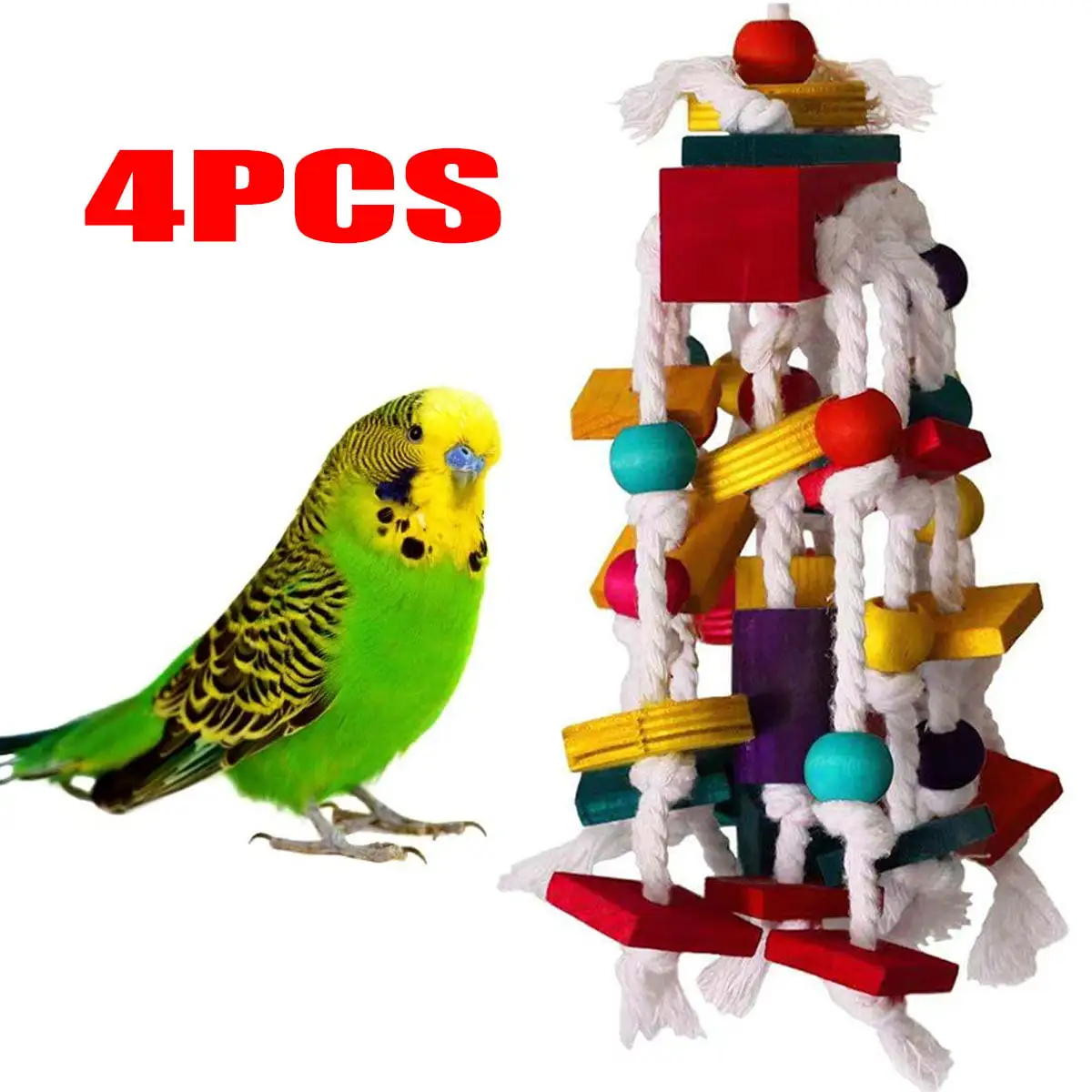 4Piece Parrot Chewing Toy Bird Toy Cotton Rope Colorful Beads Wooden Block Chewing String. Suitable For Parrots And Small And Medium Birds