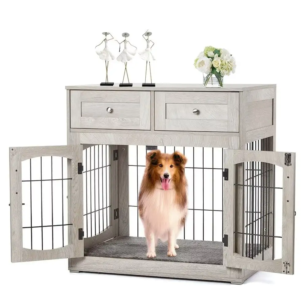 Dog Crate Furniture with 2 Drawers. Medium/Large Dog Crate with 3-Doors & Cushion. Wooden Dog House. Brown