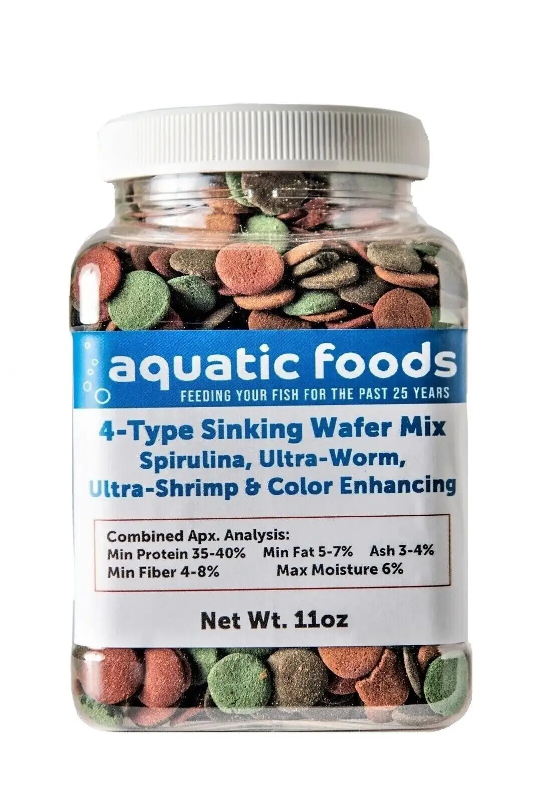 4-Type 1/2 Sinking Wafer Mix of Spirulina-Algae. Ultra-Worm. Ultra-Shrimp. Color Enhancing Wafers for Shrimp. Snails. Crabs. Crayfish. All Tropical Fish..11oz Small Jar