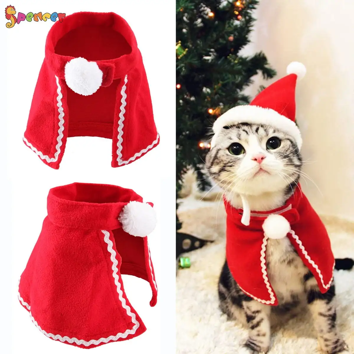 Spencer Pet Cat Christmas Santa Red Cloak Adjustable Christmas Costume Poncho Cape for Puppy Kitten Cats Small Dogs - Size S