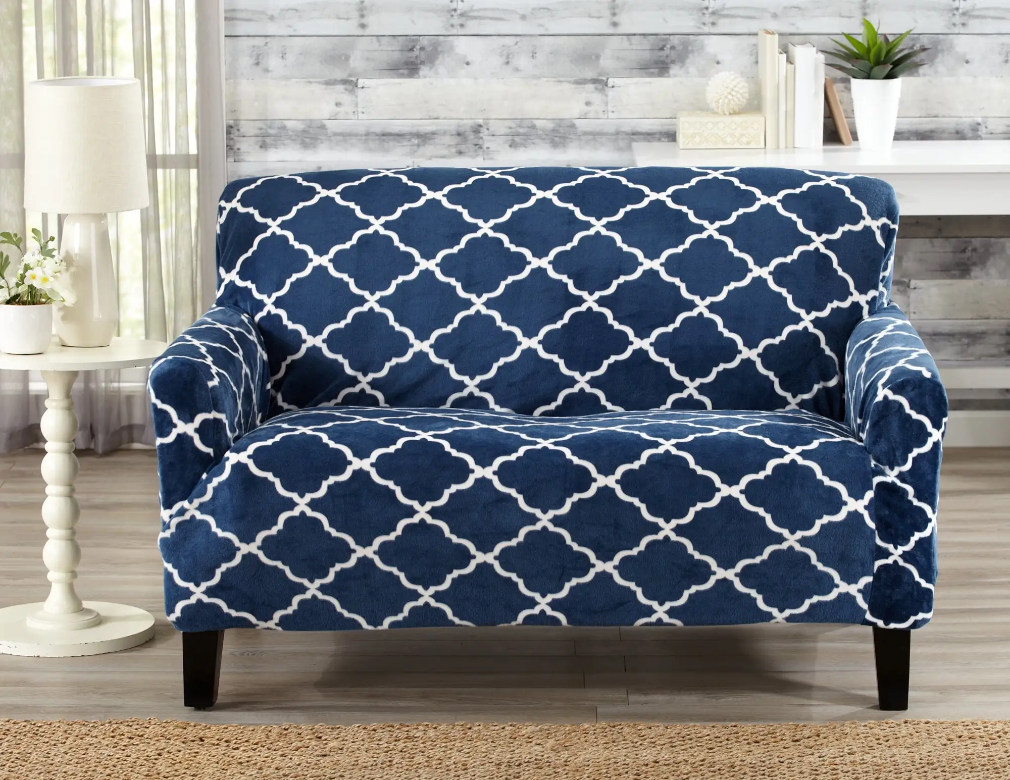 Great Bay Home Stretch Printed Velvet Plush Washable Loveseat Slipcover (Loveseat. Lattice - Navy)