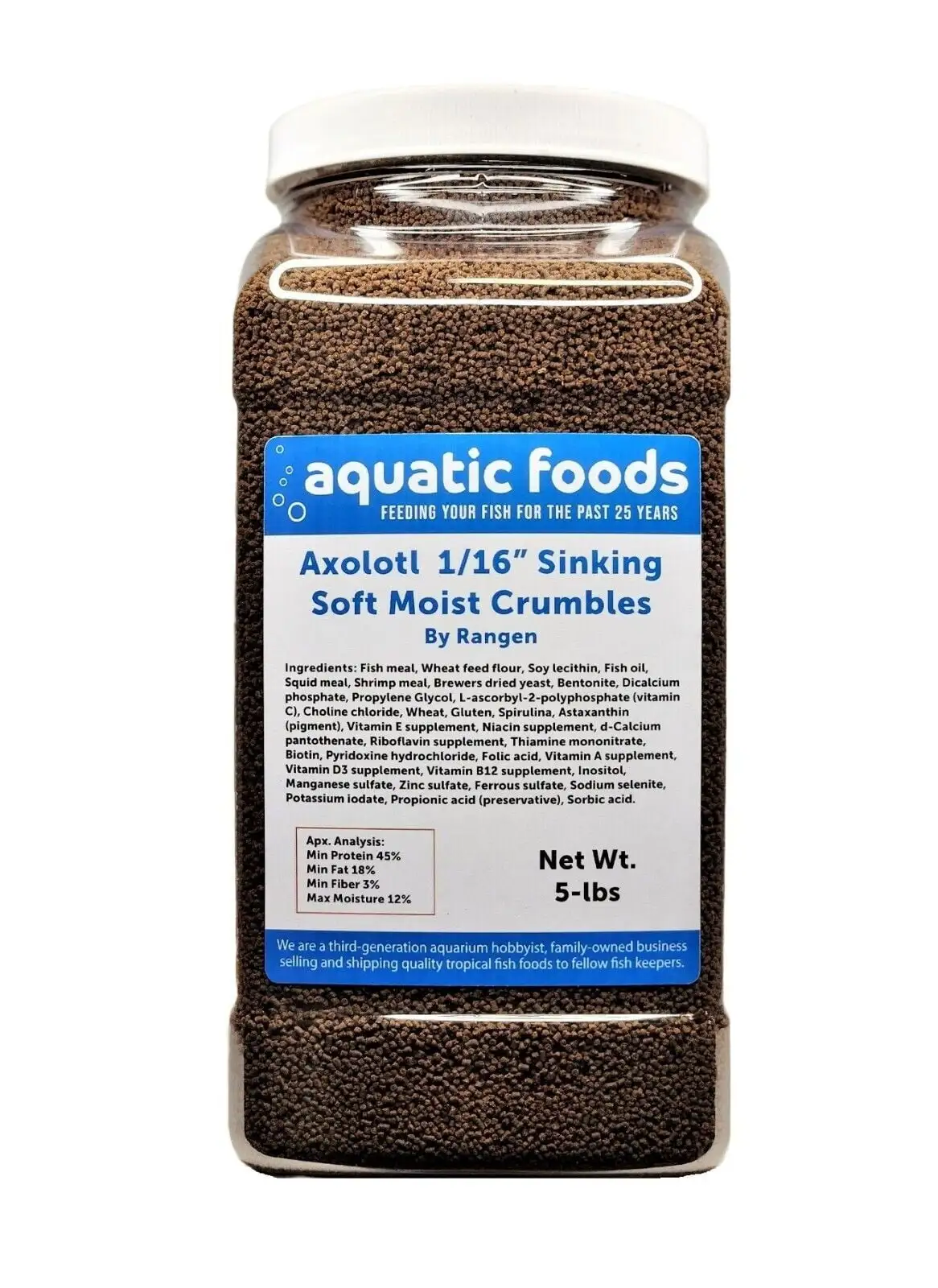 Axolotl Food 1/16 Soft Moist Sinking Rangen Salmon Crumbles for Baby Axolotl also Shrimp. Snails. Crabs. Crayfish. Bottom Tropical Fish..5-lb Lg Jar