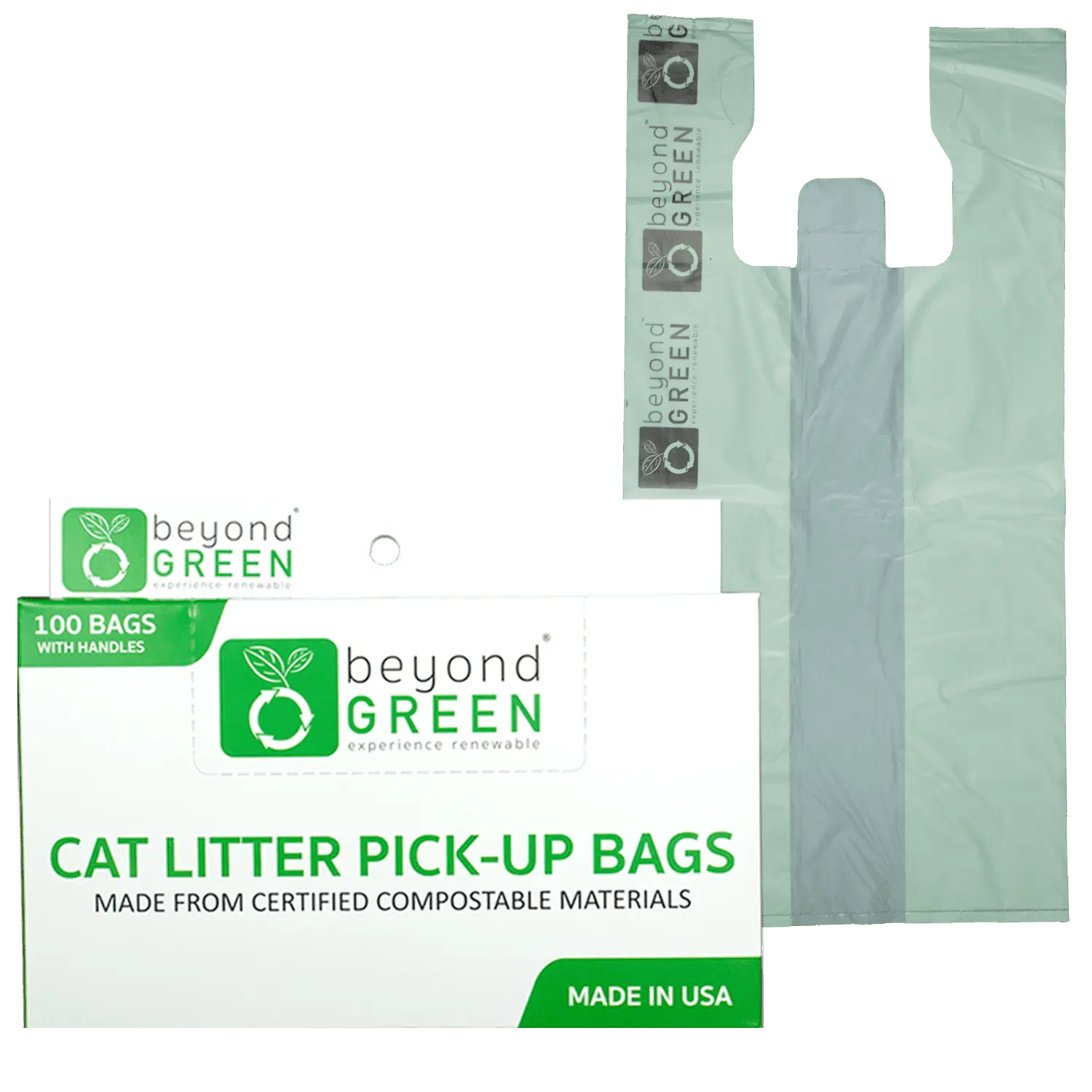 beyondGREEN Plant-Based Cat Litter Poop Waste Pick-Up Bags with Handles - 100 Green Bags - 8 in x 16 in