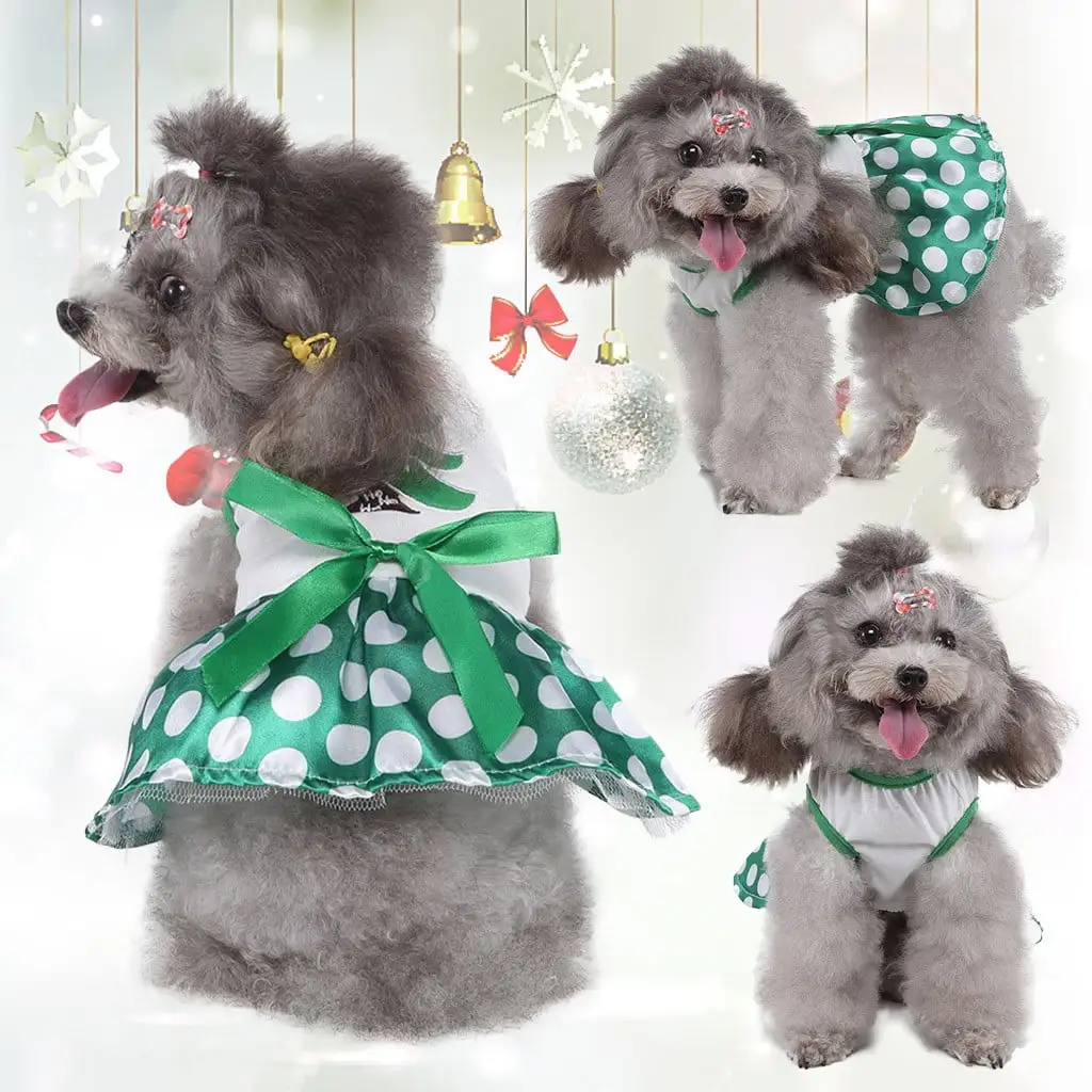 EQWLJWE Christmas Dog Dresses Holiday Theme Dog Clothes Cat Apparel Cute Pet Clothes Dog Outfit Doggie Bowknot Christmas Tree Dresses Puppy Party Costumes for Dogs Cats Pet