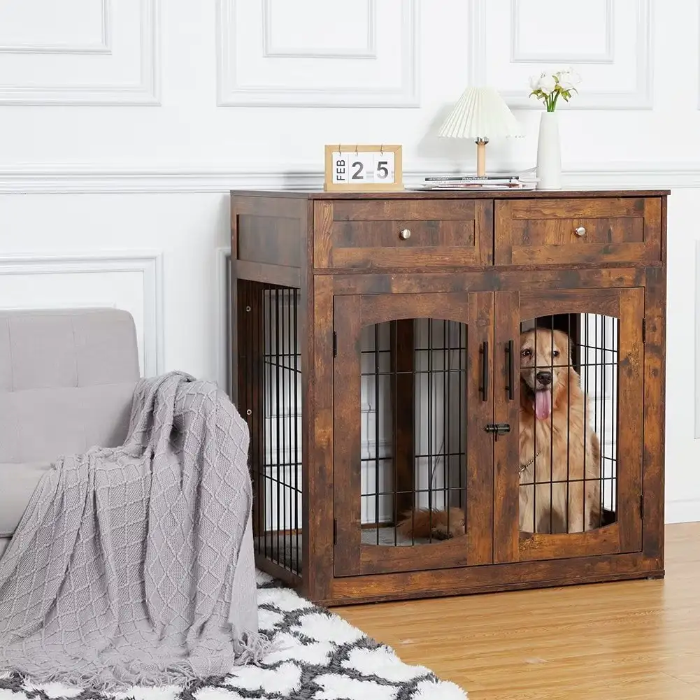 Dog Crate Furniture with 2 Drawers. Medium/Large Dog Crate with 3-Doors & Cushion. Wooden Dog House. Grey