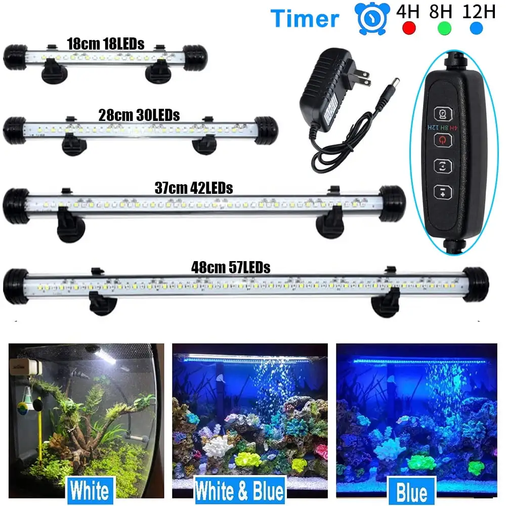 DONGPAI 18/28/37/48cm LED Aquarium Light. Timer Submersible Fish Tank Light. 3 Light Modes White & Blue LED Aquarium Light Bar