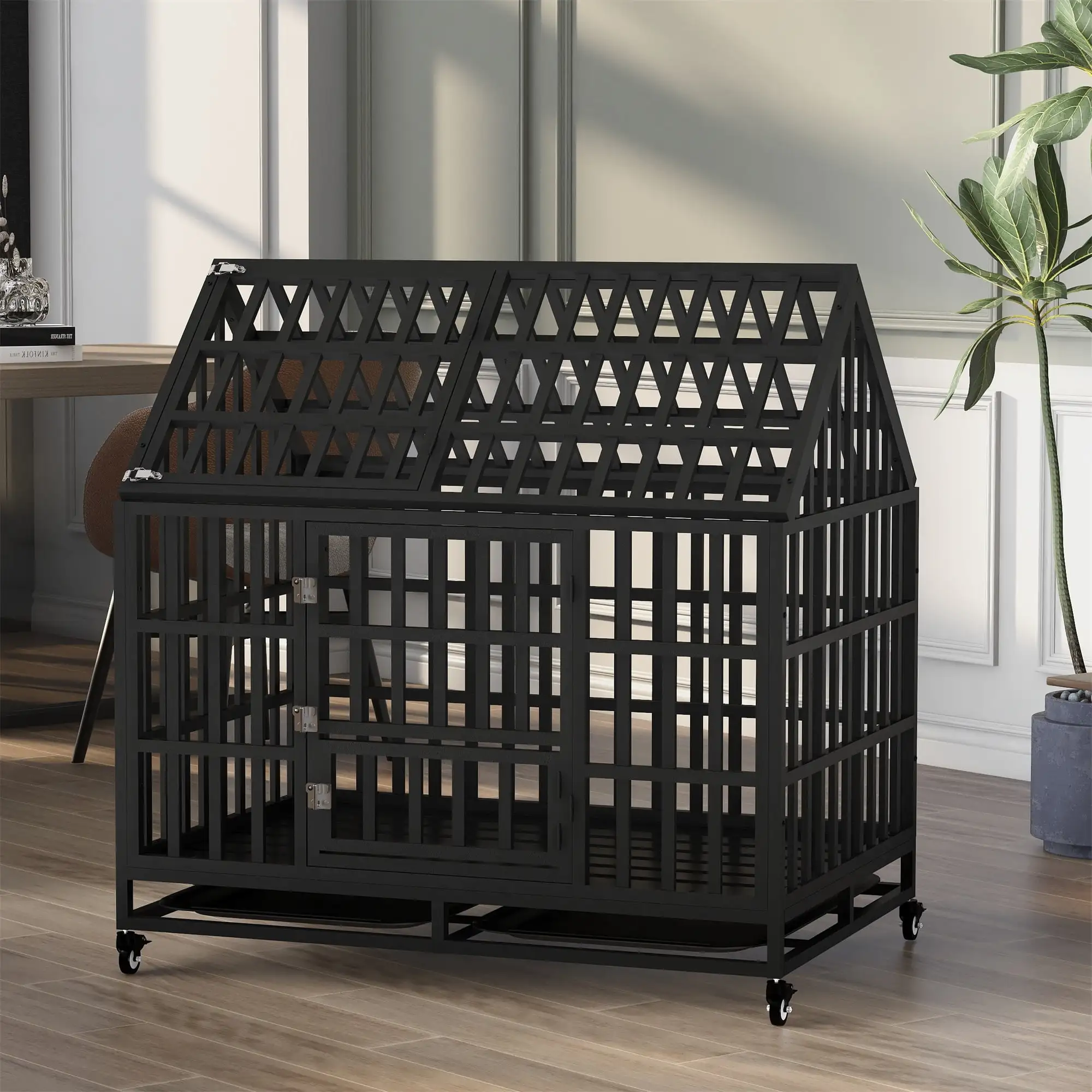 Pefilos 48 Heavy Duty Dog Cage Metal Kennel and Crate for Medium and Large Dogs. Pet Playpen with Four Wheels. Black