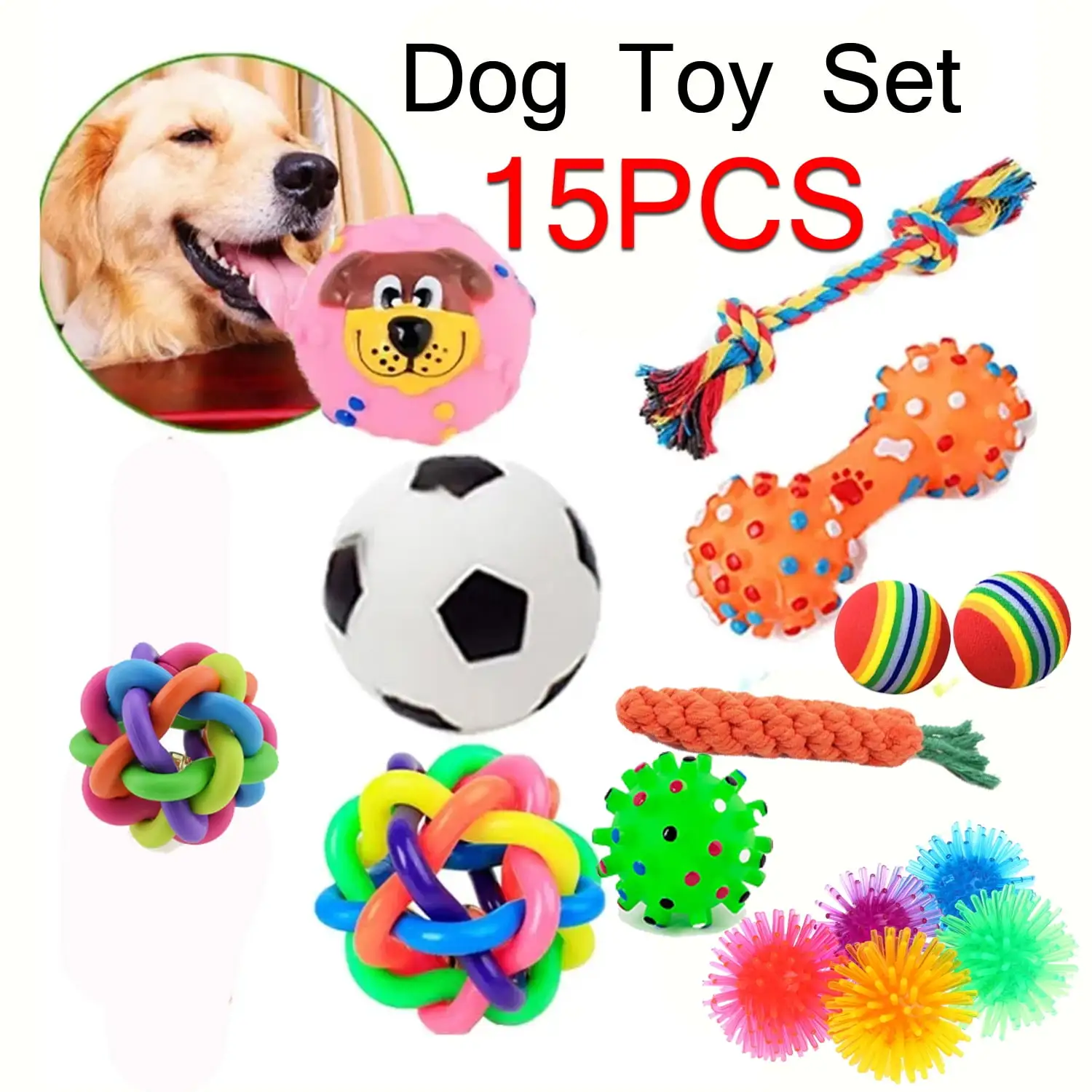 Dog Toys Pet Toy Ball Noise Plush Toys Big and Small Dog Chewing Kit 15pcs