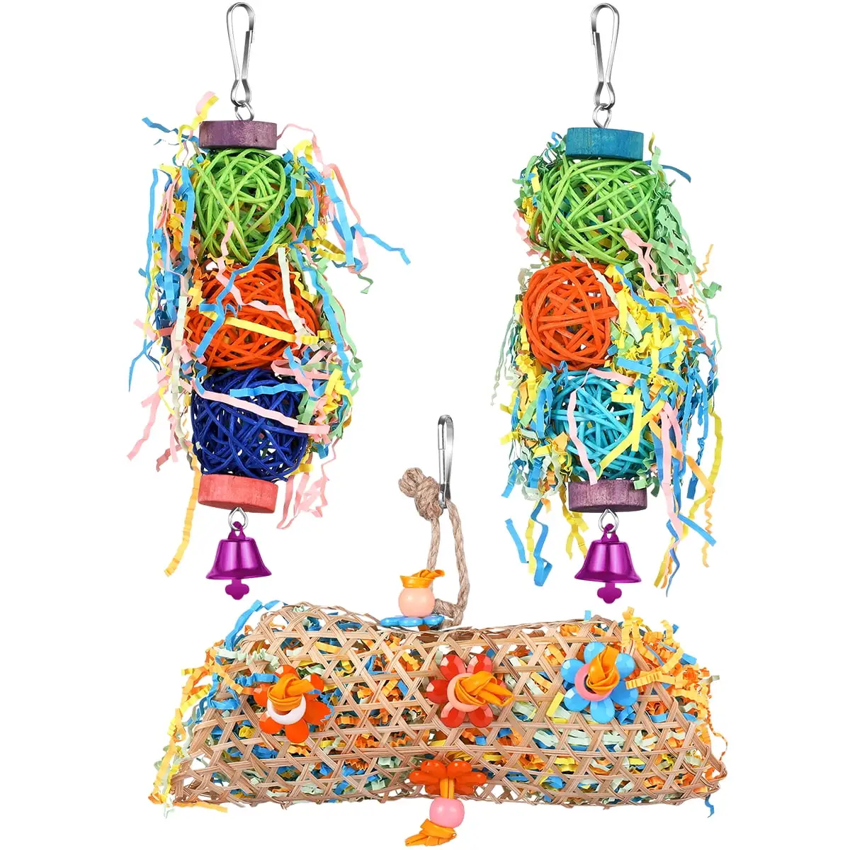 NUOLUX Balacoo 3 Pcs Rattan Balls Parrots Bird Chewing Toys Parrot Cage Shredder Toy Foraging Hanging Toys for Small Parakeets Cockatiels Love Birds