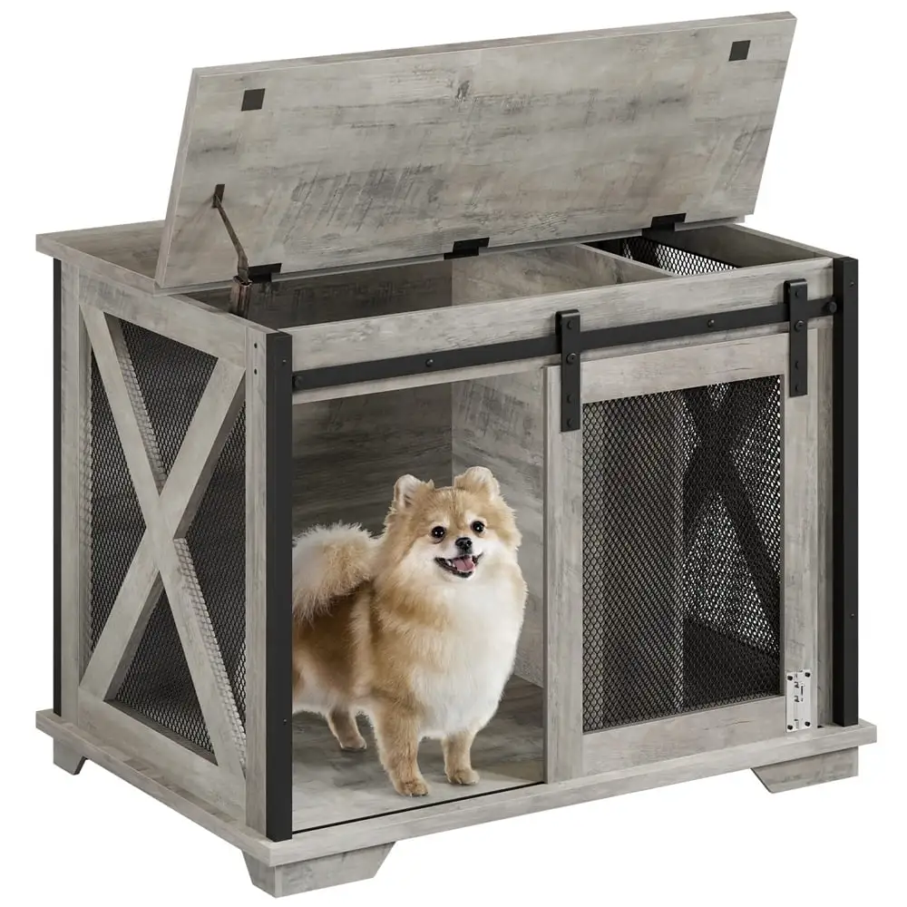 Soonbuy Sliding Barn Door Wooden Dog Crate Table. Flip Top and Movable Divider. for Small Medium and Large Dog Gray