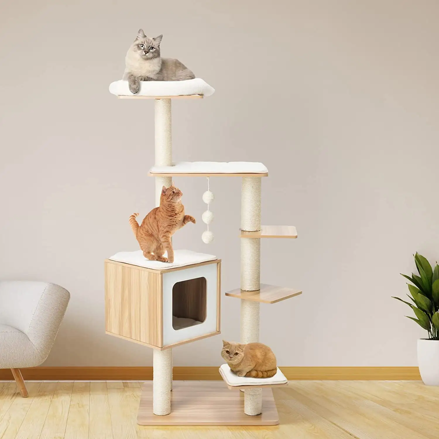 Arlopu 55'' Wood Multi-Level Cat Tree Tower with Condo. Scratching Post. Cat Climbing Stand Furniture with Washable Mats