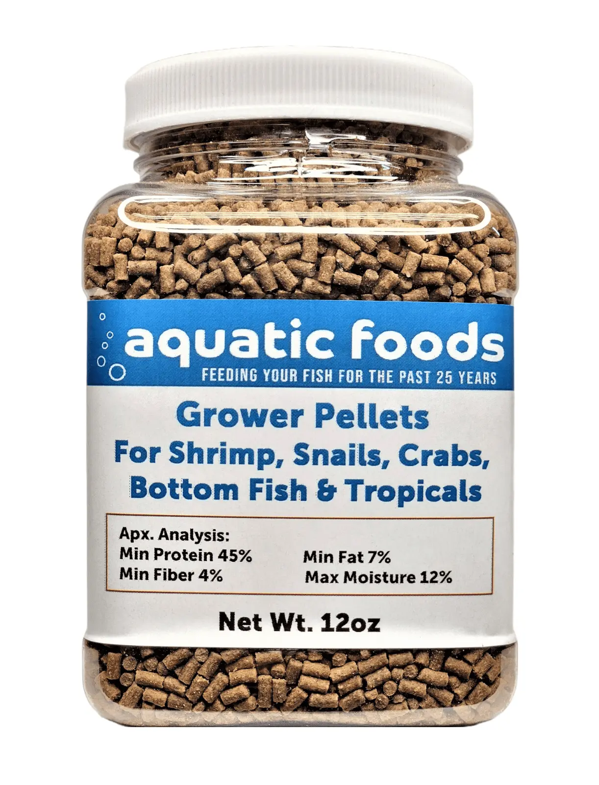 Shrimp GROWER 45% Protein Sinking Pellets. 1/16 x 3/8 Pellets for Shrimp. Snails. Crabs. Catfish. Plecos for All Tropical Fish. Pellets by Zeigler..12oz Small Jar