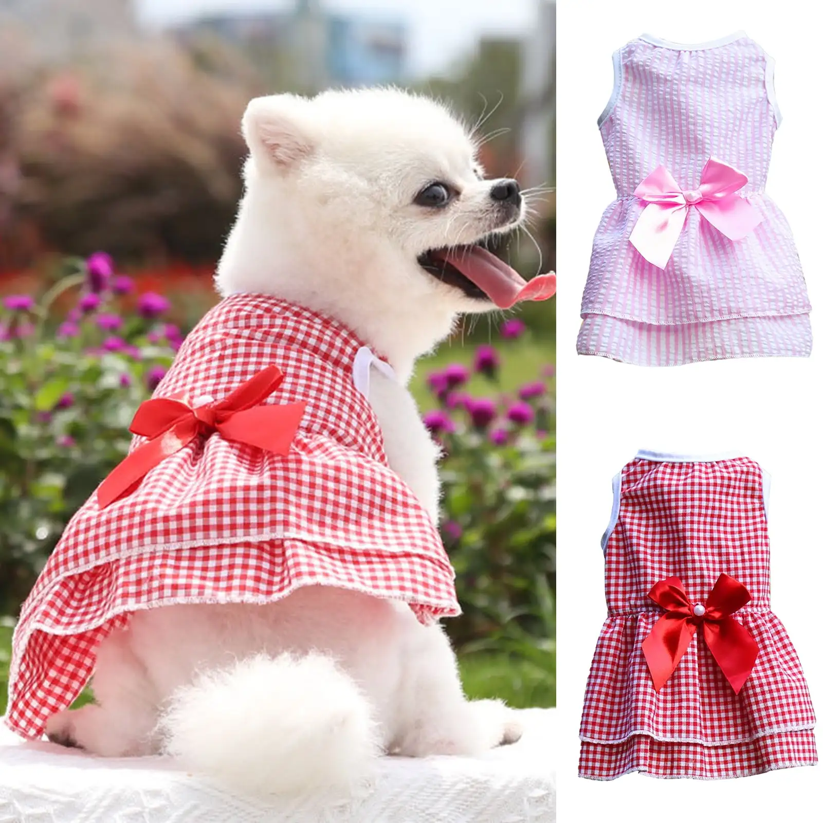 Opolski Puppy Dress Plaid Printing Bow-knot Decor Apparel Two-legged Dog Costume Skirt for Summer