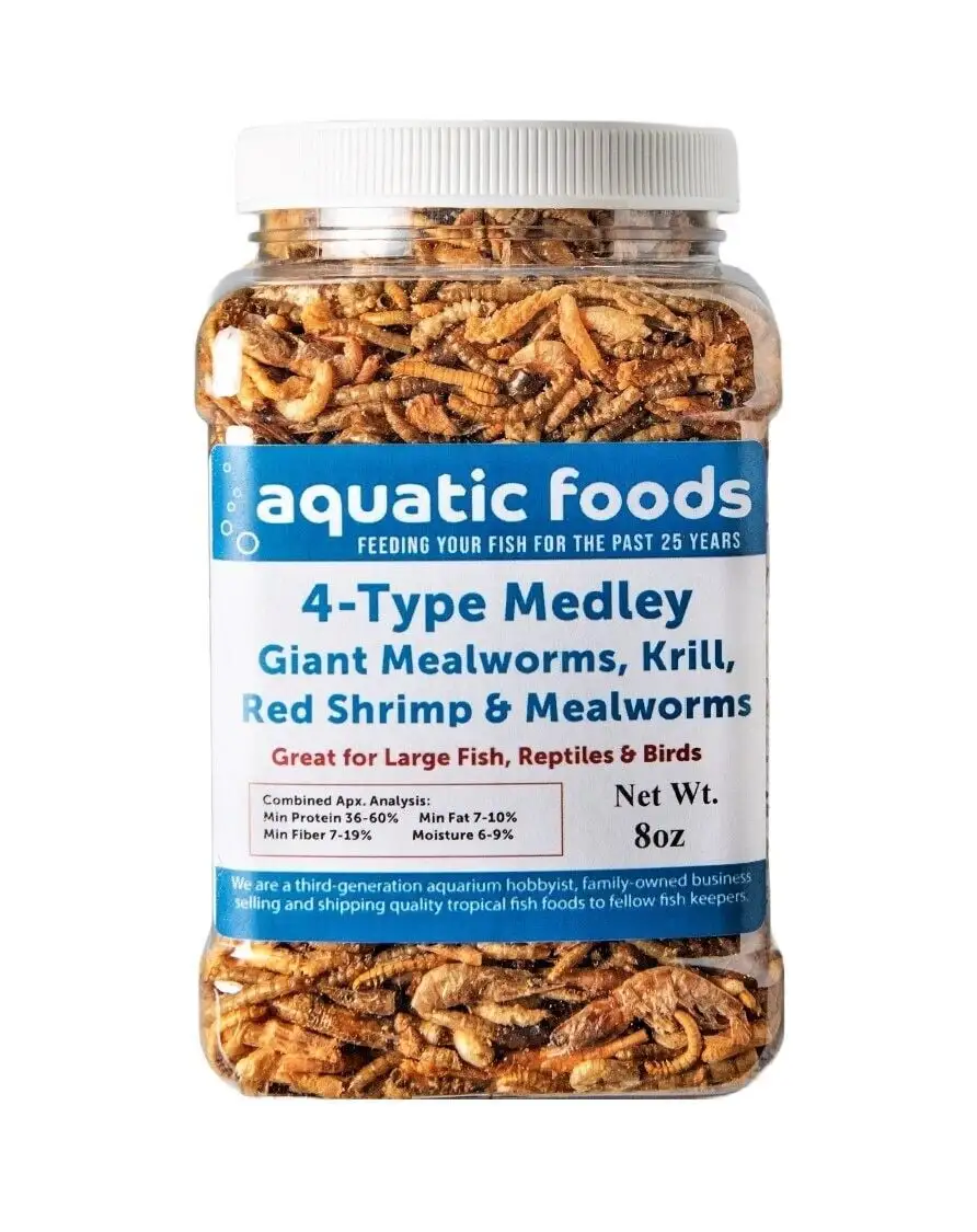 4-Type Medley Mix of Freeze Dried Superworms. Krill. Red Shrimp. Mealworms for Reptiles. Turtles. Tortoises. Frogs. Hamsters. Birds. Rodents??8oz Med Jar