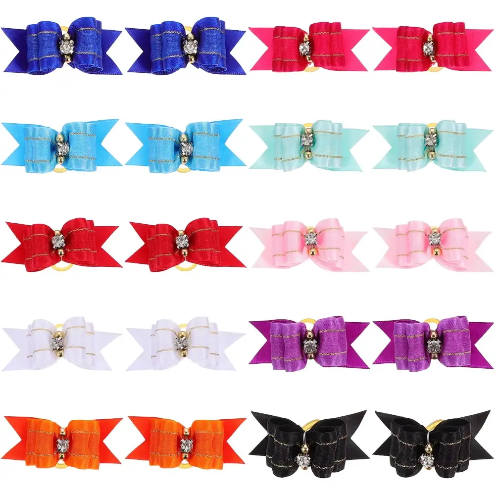 20pcs Small Dog Hair Bows Tiny Dog Bows with Rubber Bands Pets Costume Supplies Mixed Color