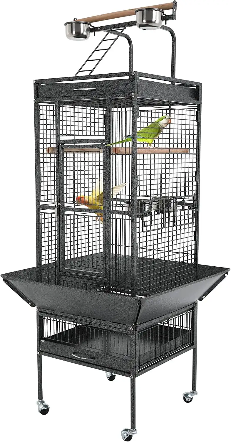 YRLLENSDAN 61-inch Wrought Iron Large Bird Cage with Play Top and Rolling Stand Parrot Cage Bird Cages. Black