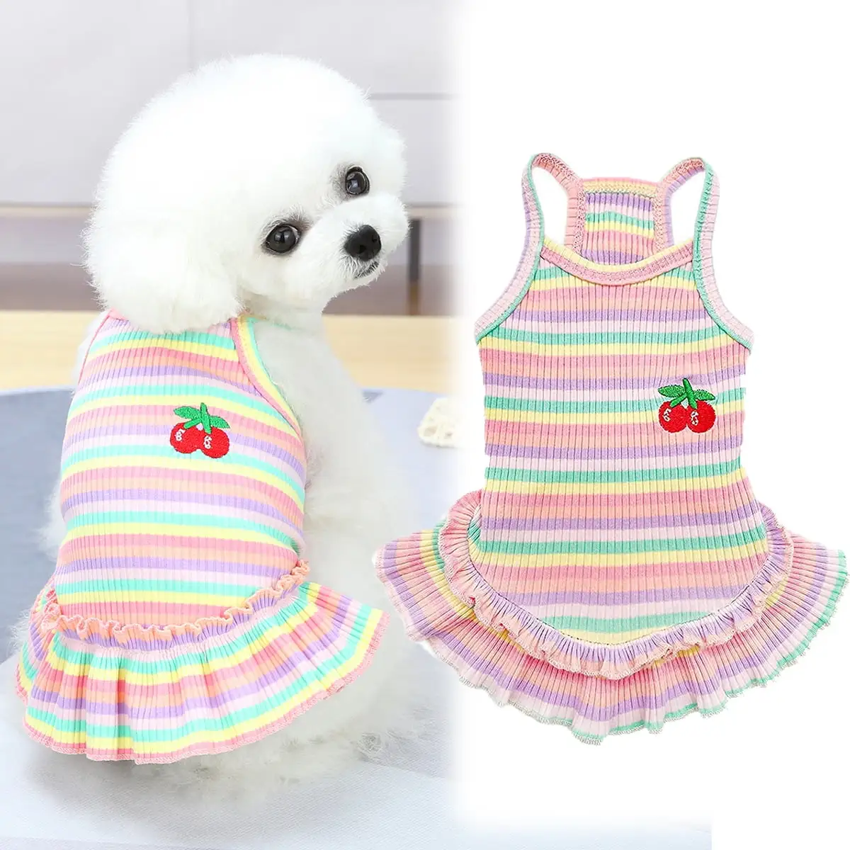 Cute Dog Dress for Small Dogs Girl Birthday Puppy Clothes Spring Summer Dog Outfits Rainbow Colorful Striped Cherry Princess Pet Tutu Skirt Doggie Cat Chihuahua Yorkies Dresses