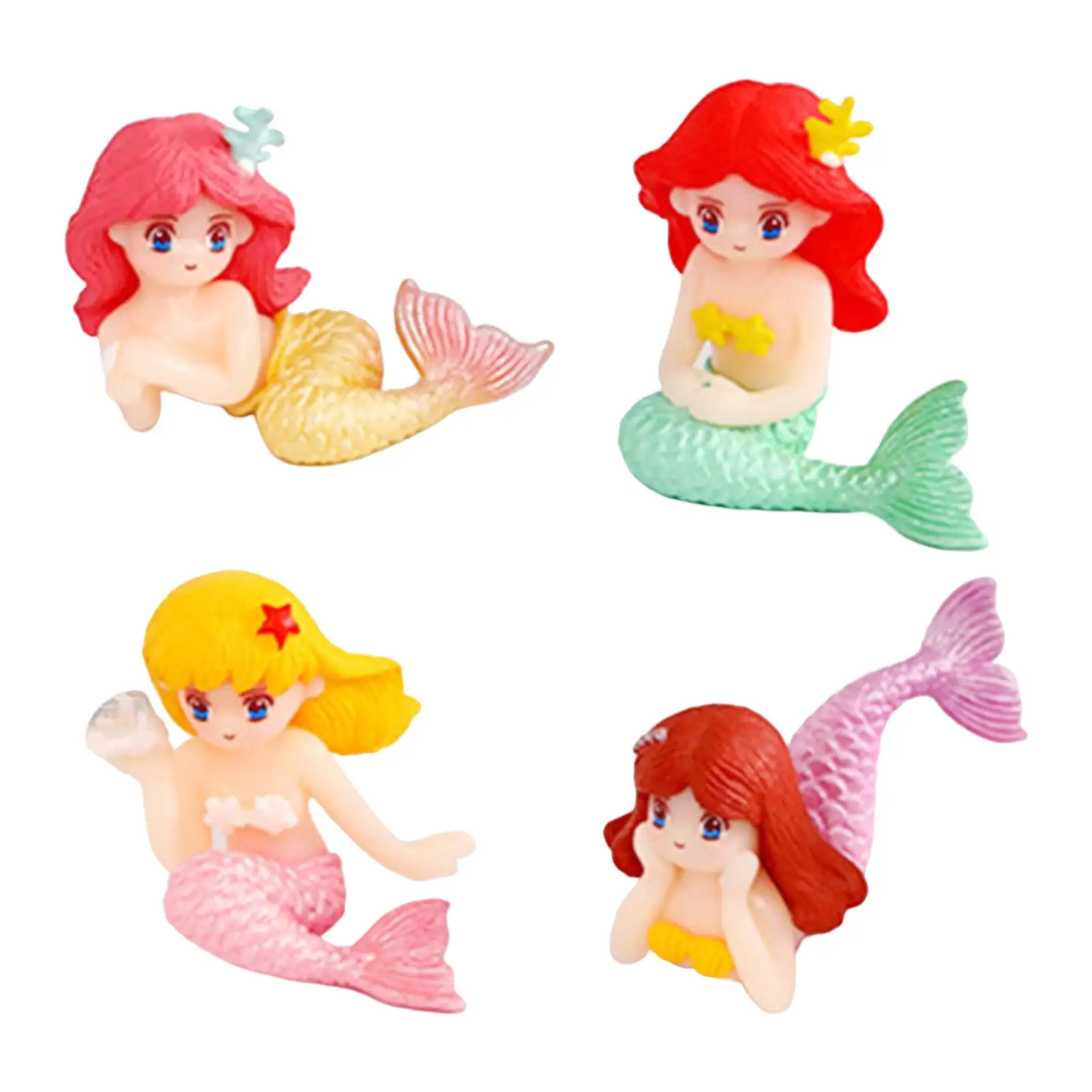 Farfi 4Pcs Little Mermaid Figurines Cartoon Character Anti-fade Vivid Mini Aquarium Fish Tank Little Mermaid Ornaments for Desktop (Mix Color)