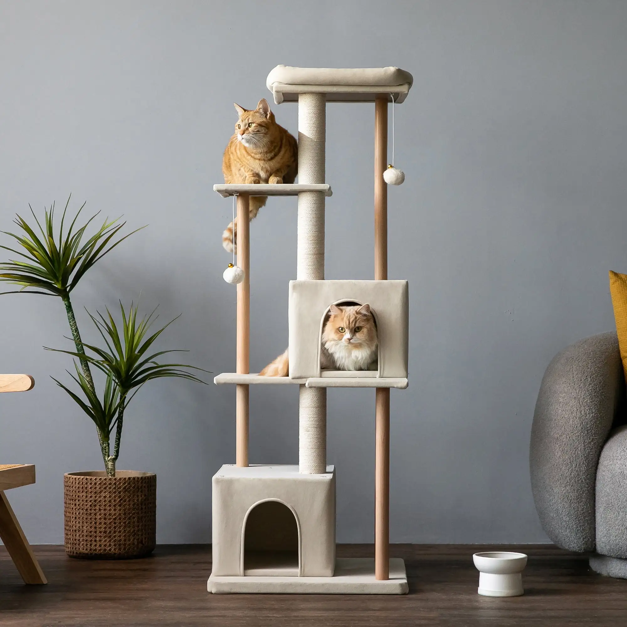 MWPO Modern Cat Tree Multi-Level Wood Cat Tower with 2 Condos and Perch. Beige