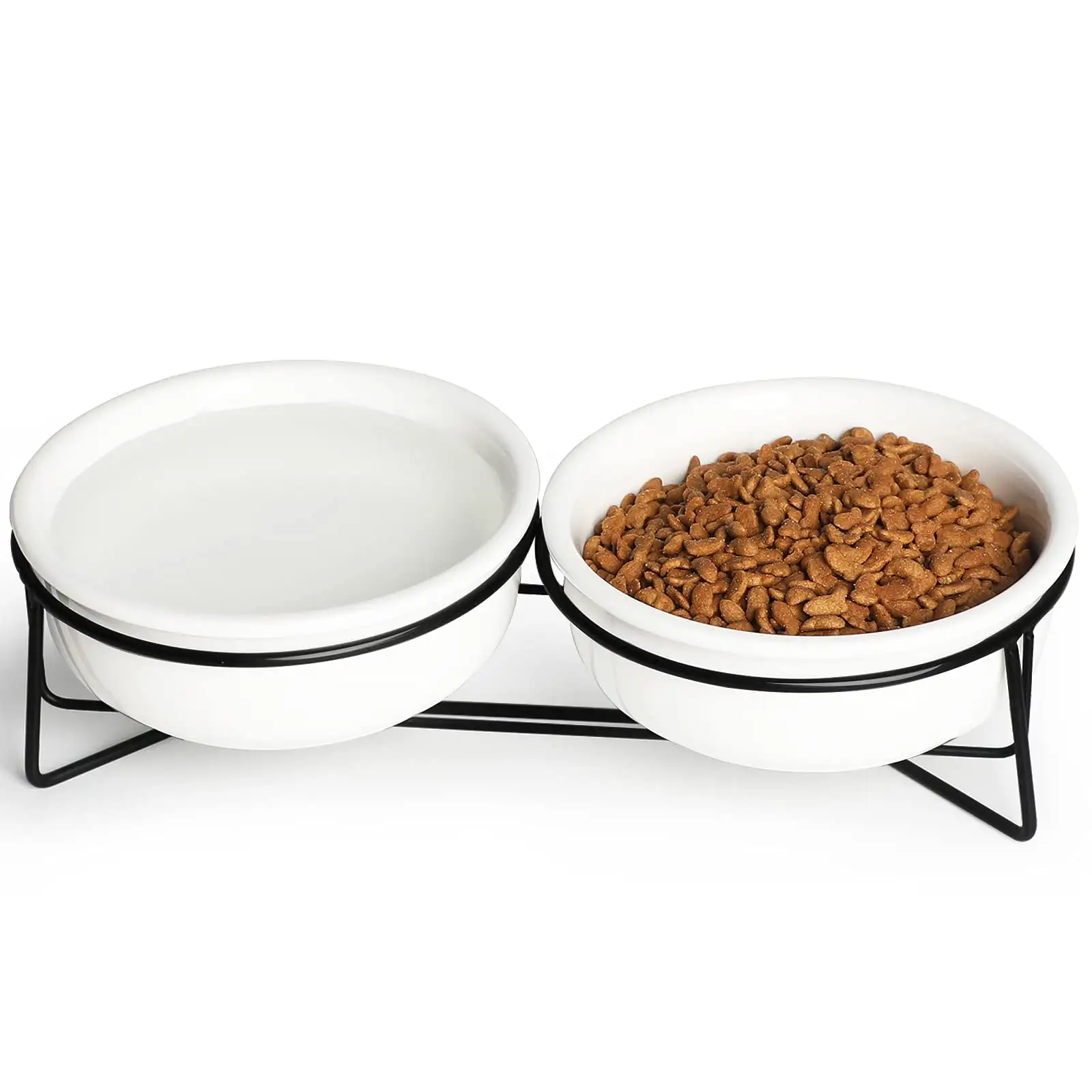 Cat Food Bowls.Ceramics Raised Cat Small Dog Bowls with Heighten Metal Stand for Pet Food and Water Dishes. 15 Ounces (White)