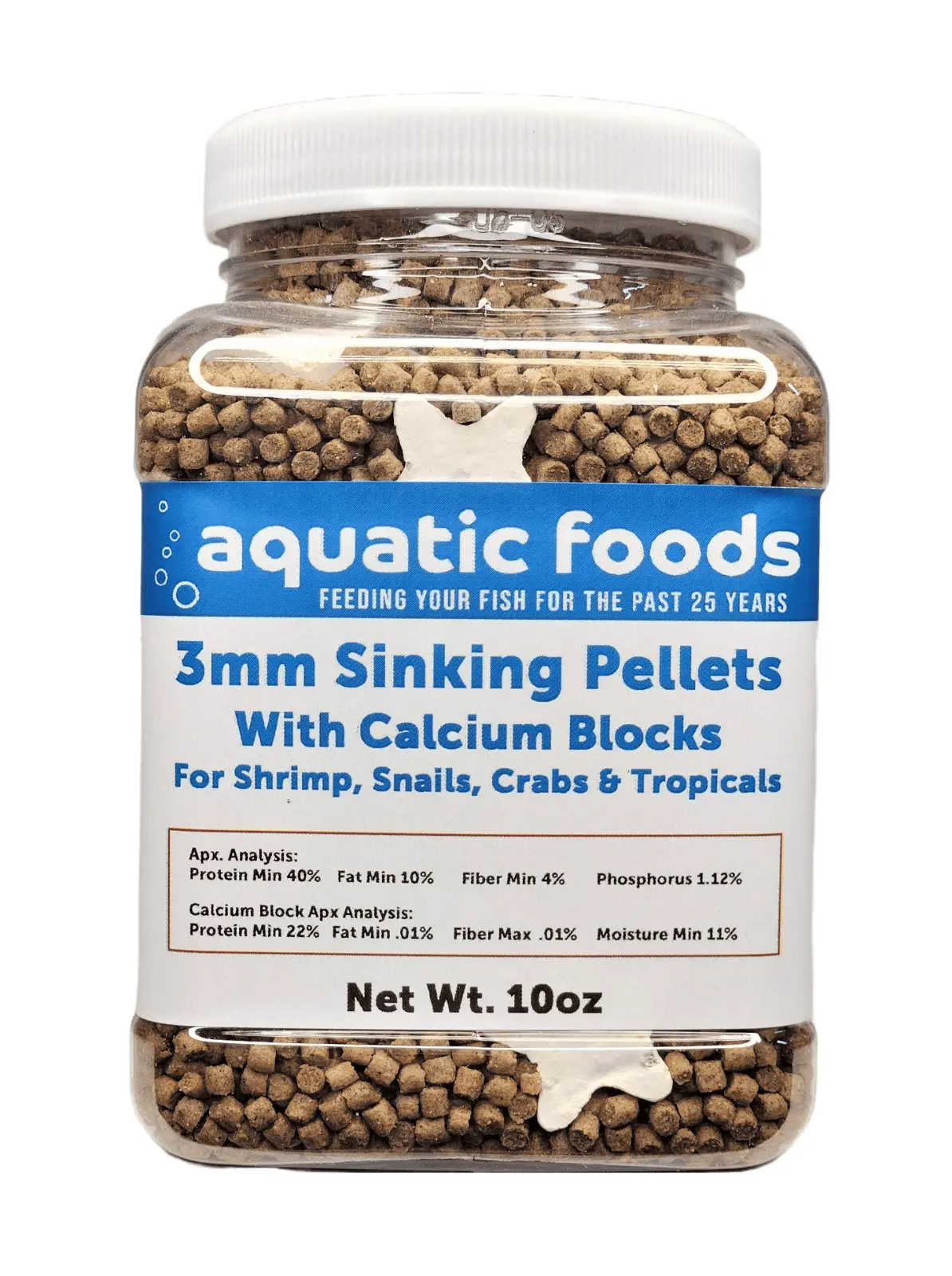 Calcium Blocks included in these 40% Protein 3mm Sinking Pellets for Shrimp. Snails. Crabs. Catfish. Plecos for All Tropical Fish. Pellets by Zeigler..10oz Small Jar