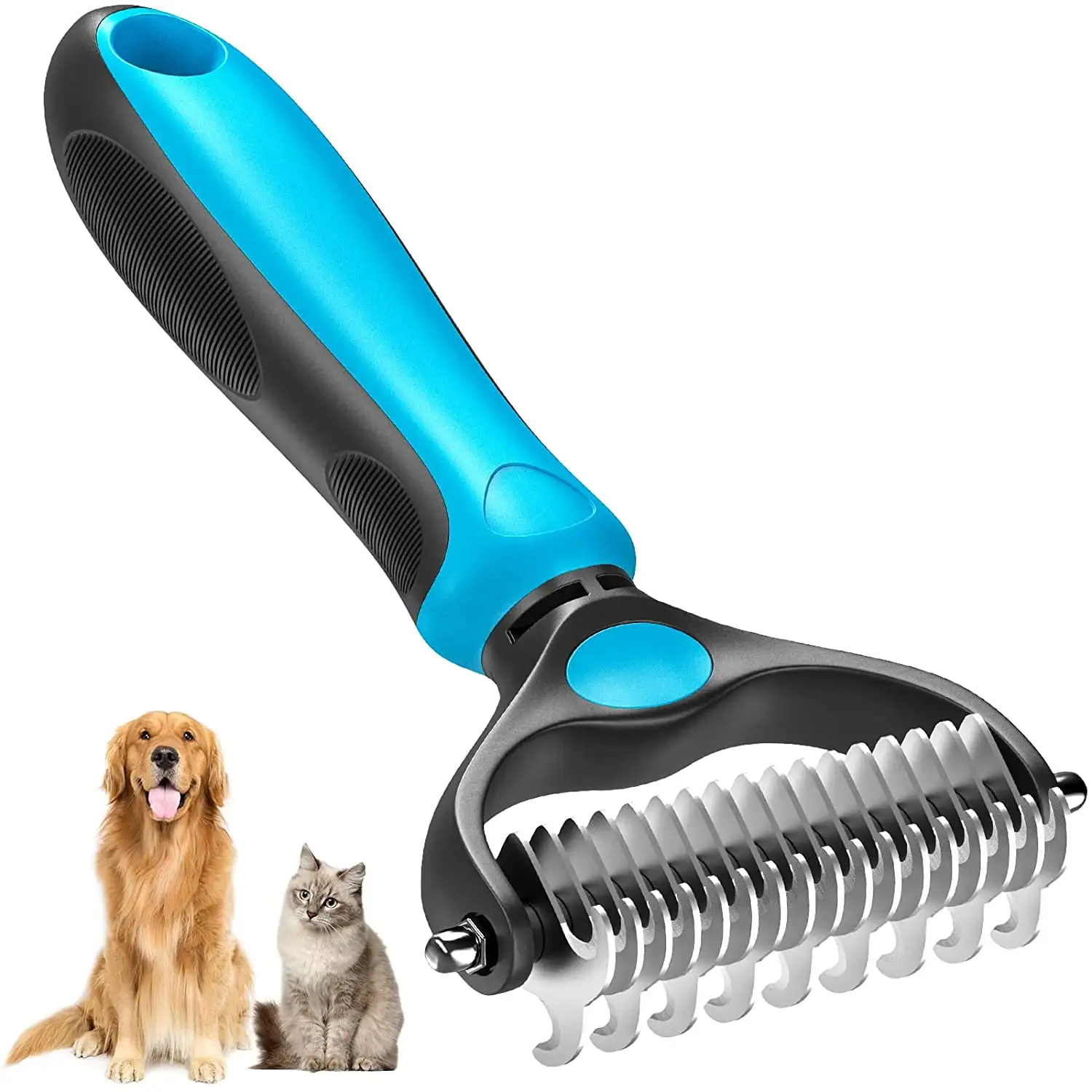 delpattern Pet Grooming Brush Dematting Comb Rake for Dogs Dematting Tool for Cats. Double Sided Undercoat Rake for Mats Tangles Removing