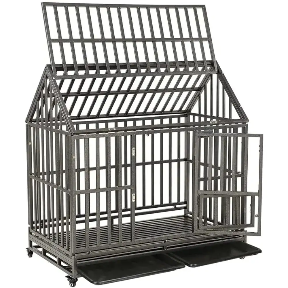 dog cage 48 Heavy Duty Dog Crate Strong Metal Cage House Shape Pet Kennel Crate Playpen with 4 Locking Wheels