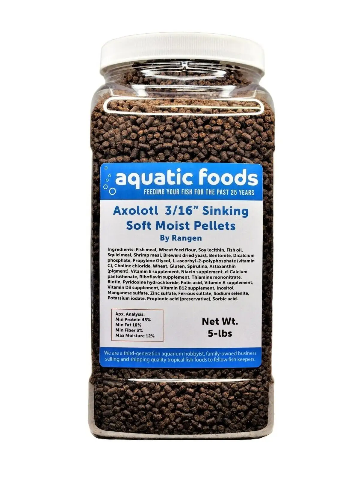 Axolotl Food 3/16 Soft Moist Sinking Rangen Salmon Pellets for Adult Axolotl also Shrimp. Snails. Crabs. Crayfish. Bottom Tropical Fish...5-lb Lg Jar