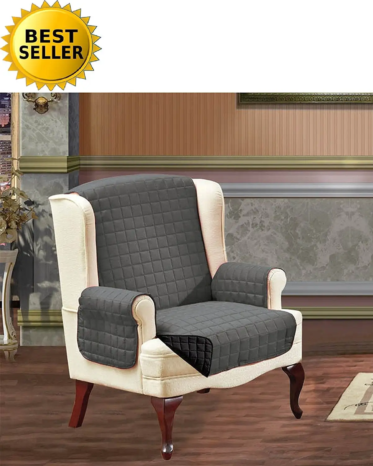 Elegant Comfort® Luxury Slipcover/Furniture Protector Great for Pets & Children with STRAPS TO PREVENT SLIPPING OFF. Wing Chair. Gray/Black