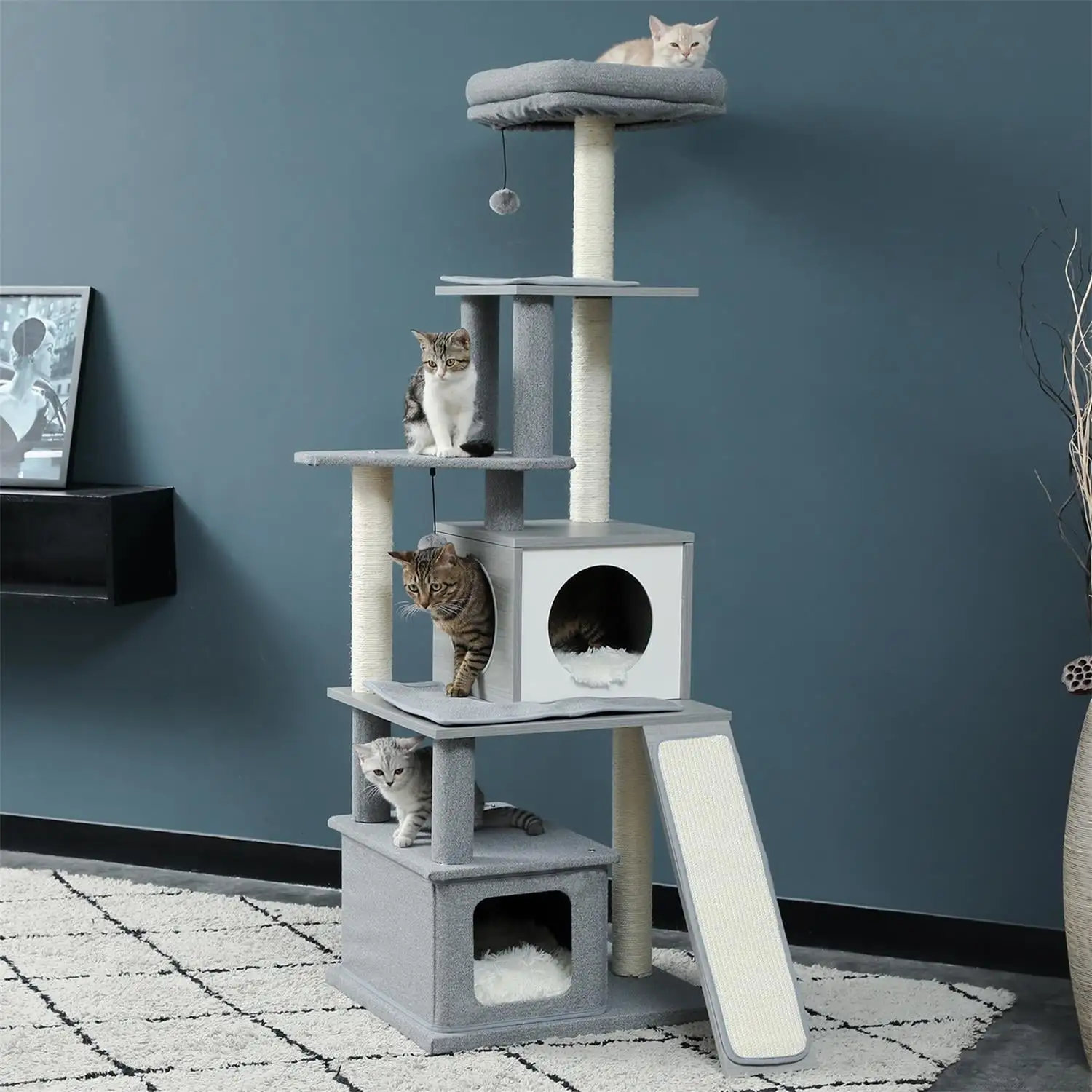 Pefilos Multi Level 61 inch Cat Tree Tower for Indoor Wood Cat Kitten Furniture Cat Condo for Adult Cats Activity Center Play House with Scratching Sisal Posts Pad.Ladder. Gray