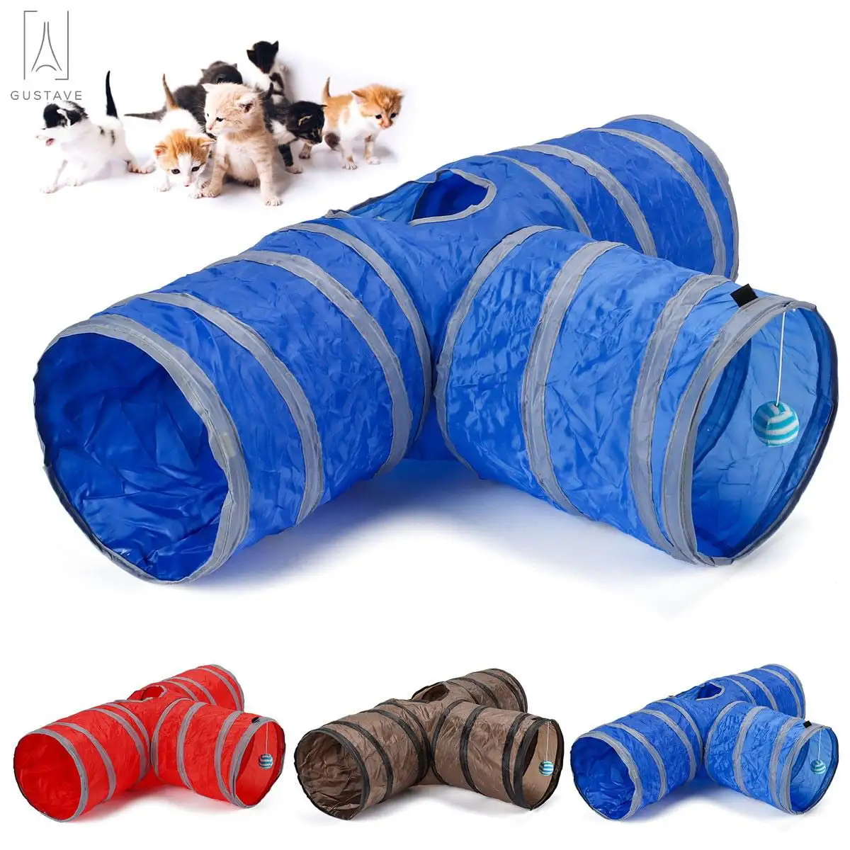 Gustave Cat Tunnel Cat Tube Toys 3 Way Collapsible. Cat Tunnels for Indoor Cats. Pet Cat Peek Hole Toy Ball for Puppy. Kitty. Kitten. Rabbit (Blue)