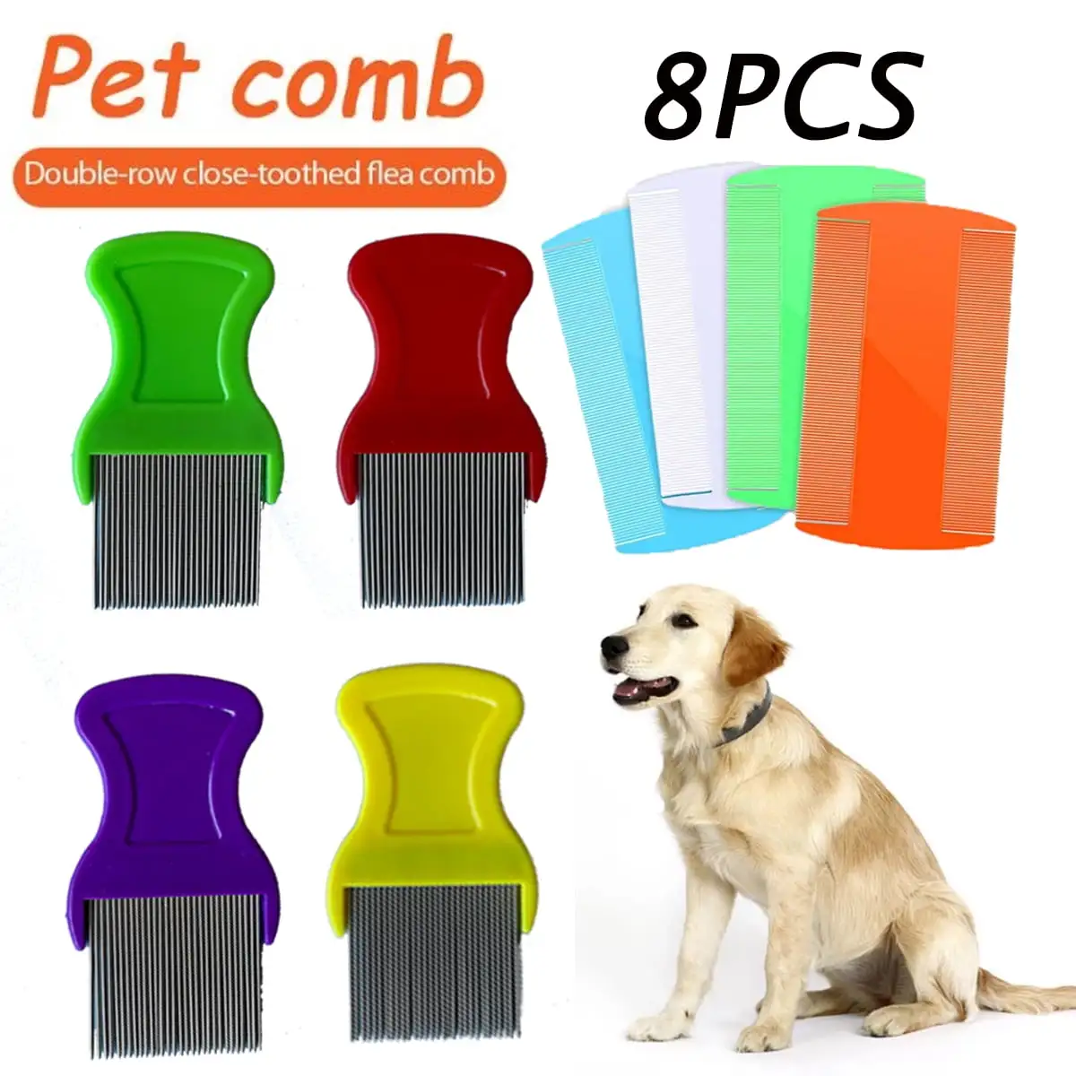 Flea Comb For Dogs. Cat Metal Lice Comb. Dog Comb. Deshedding Combs For Dandruff Removal.Pet Grooming Brush. 8 Pack