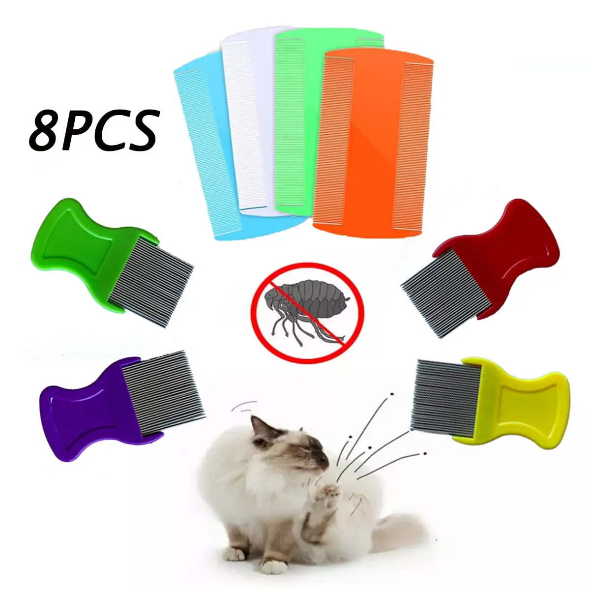 Flea Comb For Dogs Cats Combs Metal Lice Break Stains Dog Combs Pet Comb 8 Pieces Durable Remove Floating Hair Comb Tangled Hair Dandruff