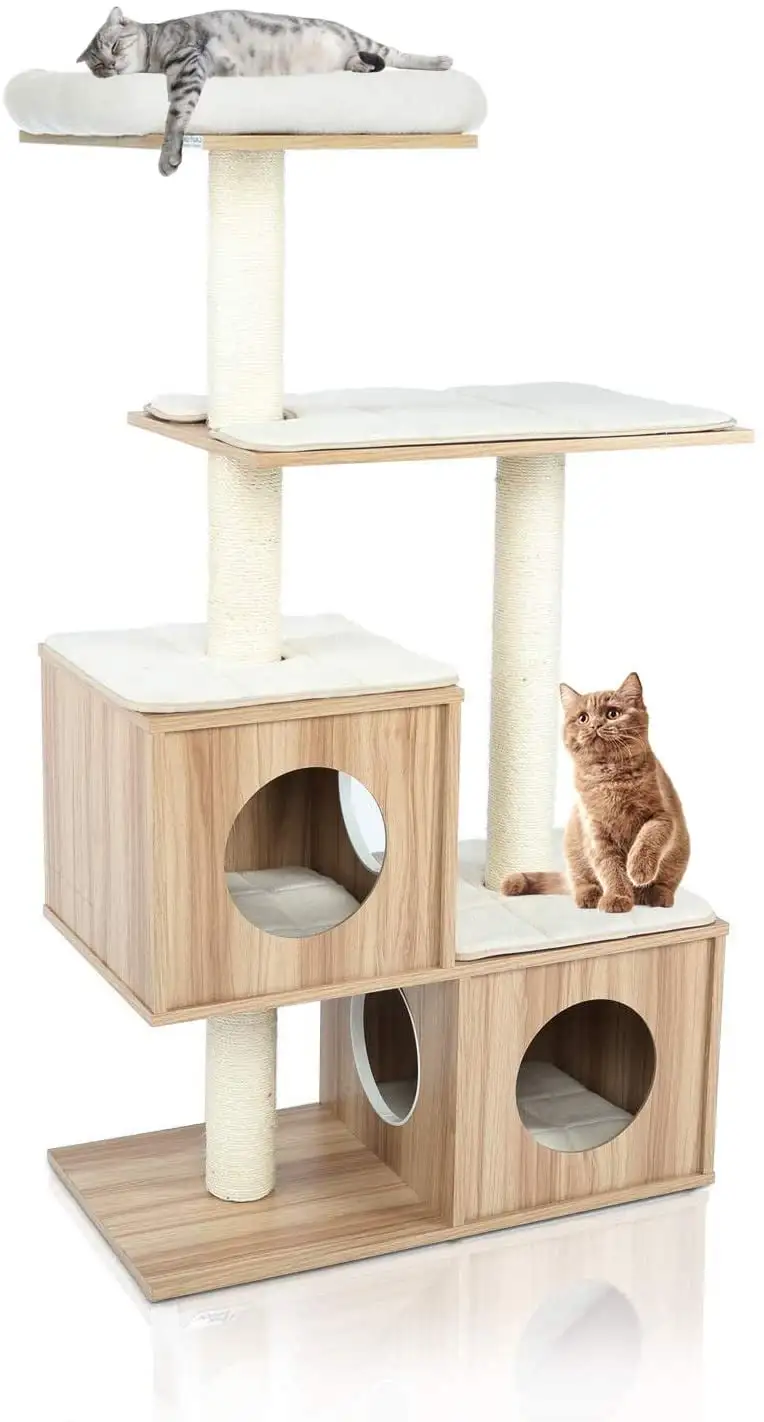 LAZY BUDDY 55.6'' Double Condo Wooden Cat Tree Tower with Scratching Posts Multi-Level Cat Climbing Tree Play House