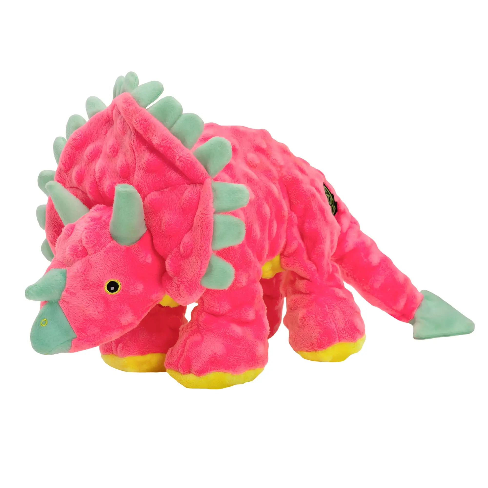 goDog Dinos Frills Squeaky Plush Dog Toy. Chew Guard Technology - Pink. Large