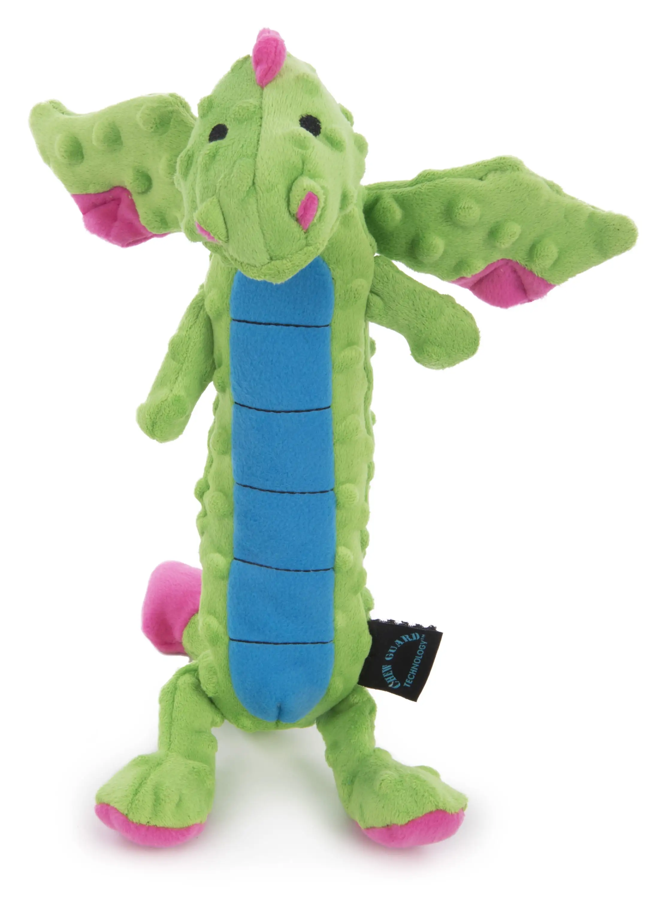 goDog Skinny Dragons Squeaky Plush Dog Toy. Chew Guard Technology - Green. Large