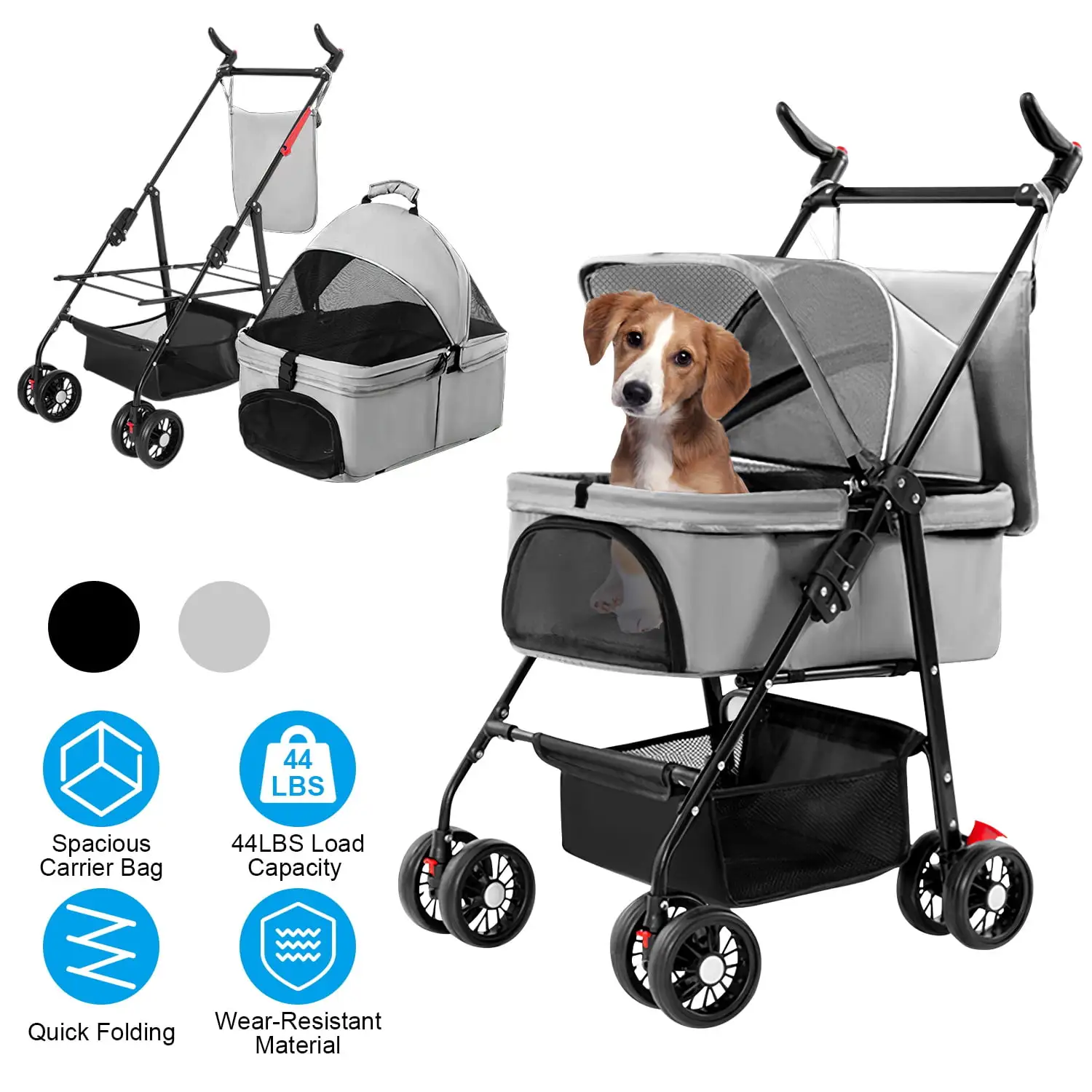 iMounTEK Outdoor Pet Stroller 4 Wheels Foldable Dog Cat Carrier Strolling Cart Travel Jogger Pet Stroller with Removable Liner Storage Basket. Grey