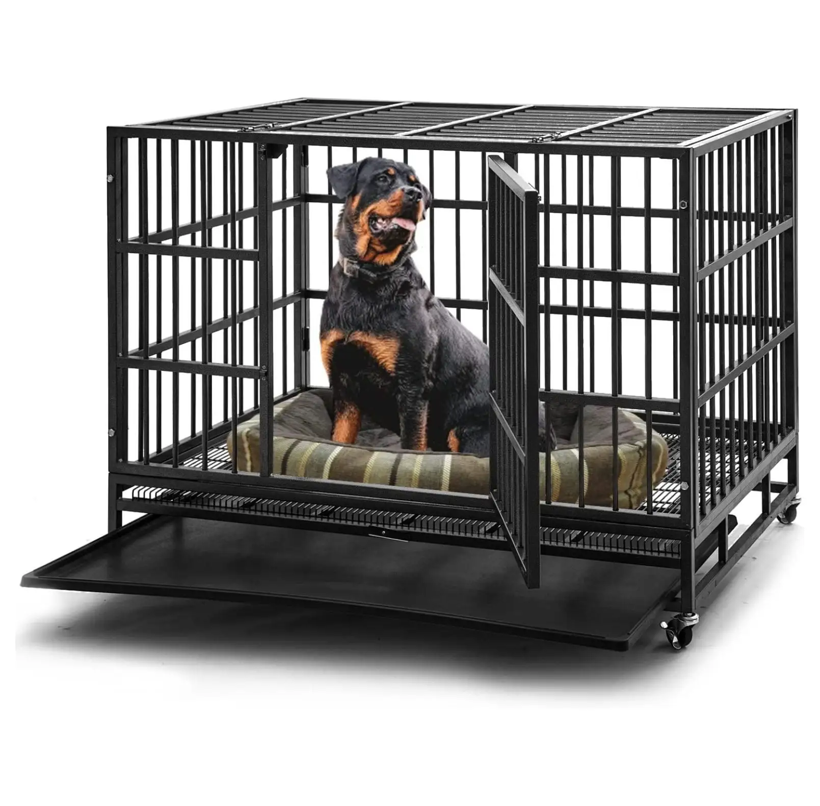 inch Heavy Duty Indestructible Dog Crate Steel Escape Proof. Indoor Double Door High Anxiety Cage. Kennel with Wheels. Removable Tray. Extra Large XL XXL