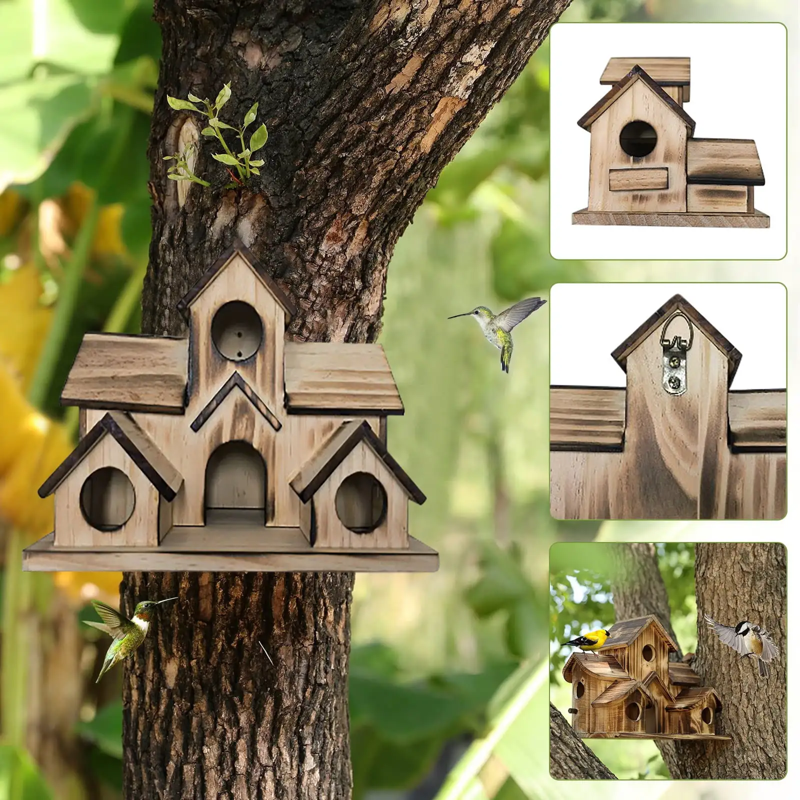 myvepuop 2024 Bird House Bird House For Outside Hummingbird House With 6 Hole Bluebirds Finchs Hanging Big Birdhouse Nesting Box Birdhouse For Backyard/Courtyard/Patio Decor Khaki One Size