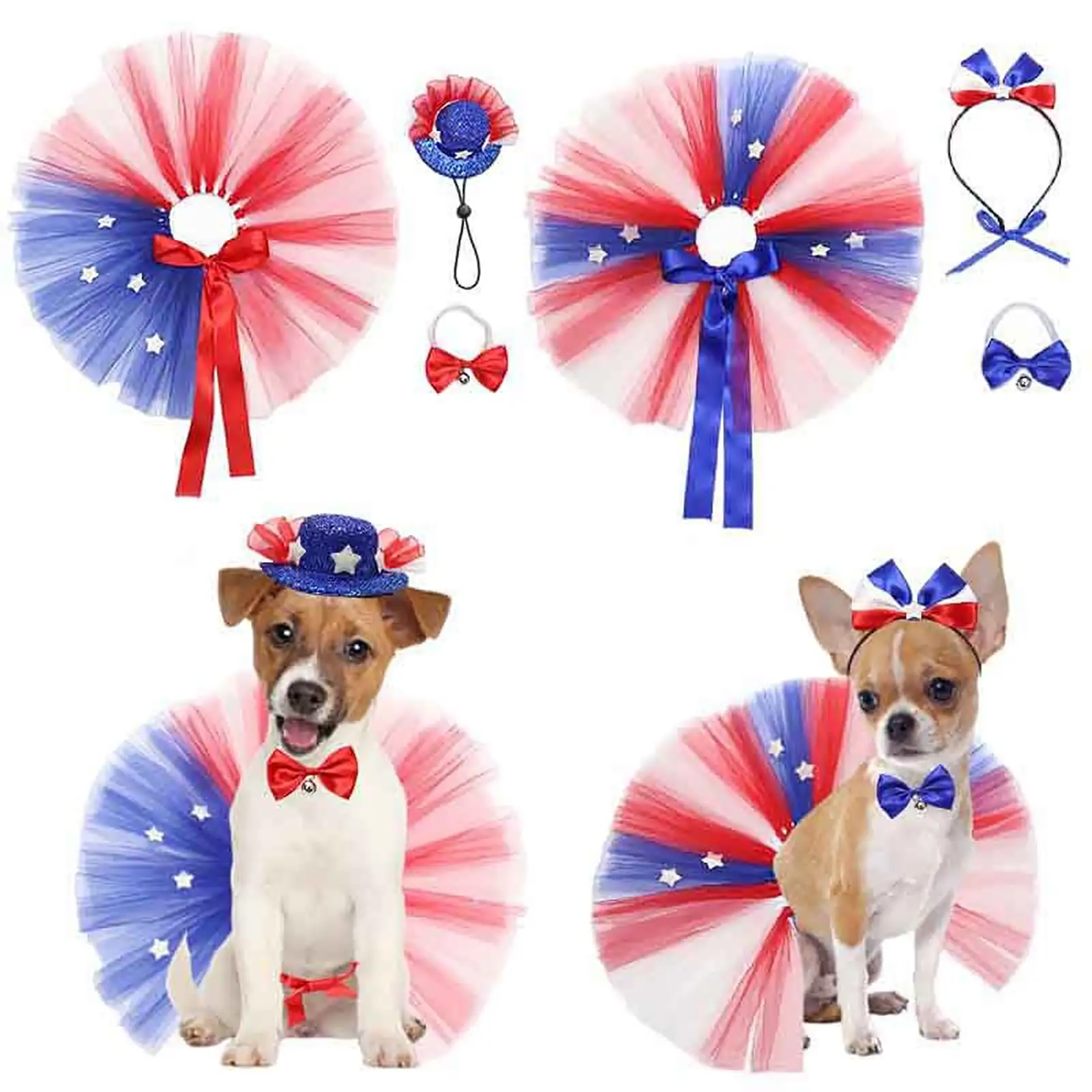 opvise 1 Set Pet Patriotic Costume Soft Comfortable Eye-catching Independence Day Mesh Tutu Skirt Hat Collar Set Festival Supply C