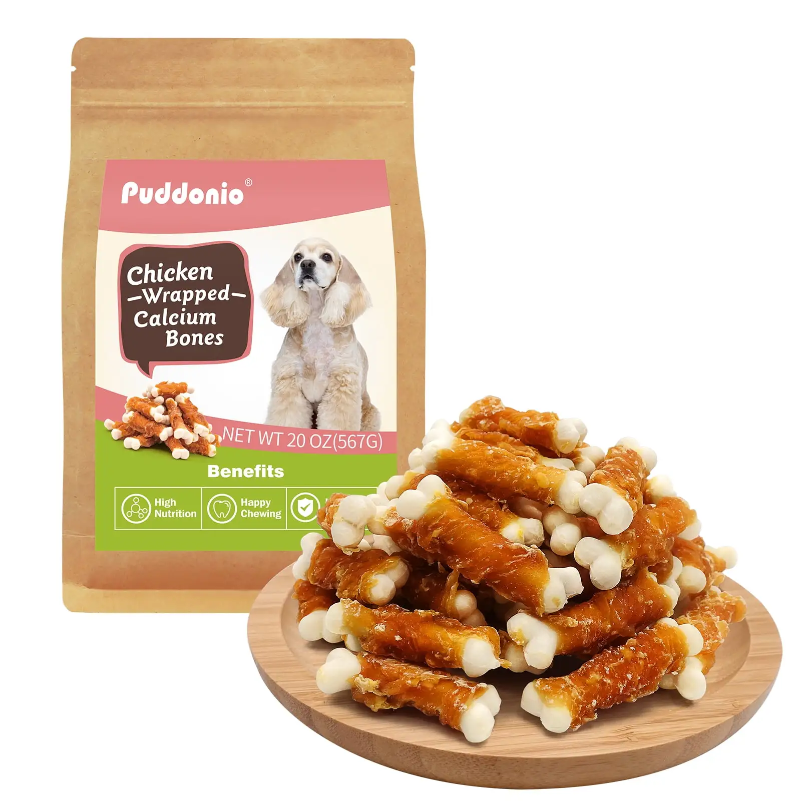 Puddonio Dog Treats. 2.3 Inch Chicken Wrapped Calcium Bones. Rawhide Free Dog Chews Soft and Chewy Dog Treats. Dog Training Snacks for Small Dogs. 56 count