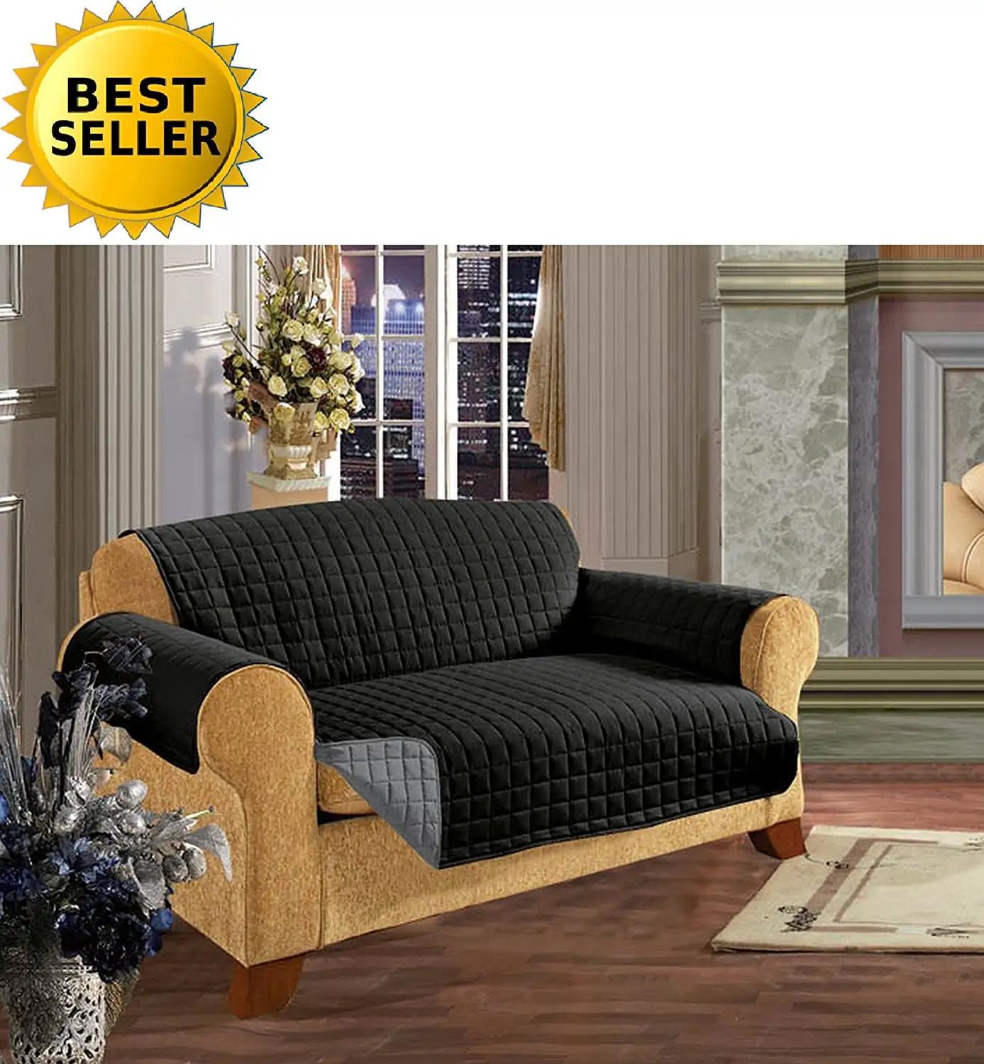 reversible furniture protector! elegant comfort luxury slipcover/furniture protector great for pets & children with straps to prevent slipping off. sofa size. black/gray