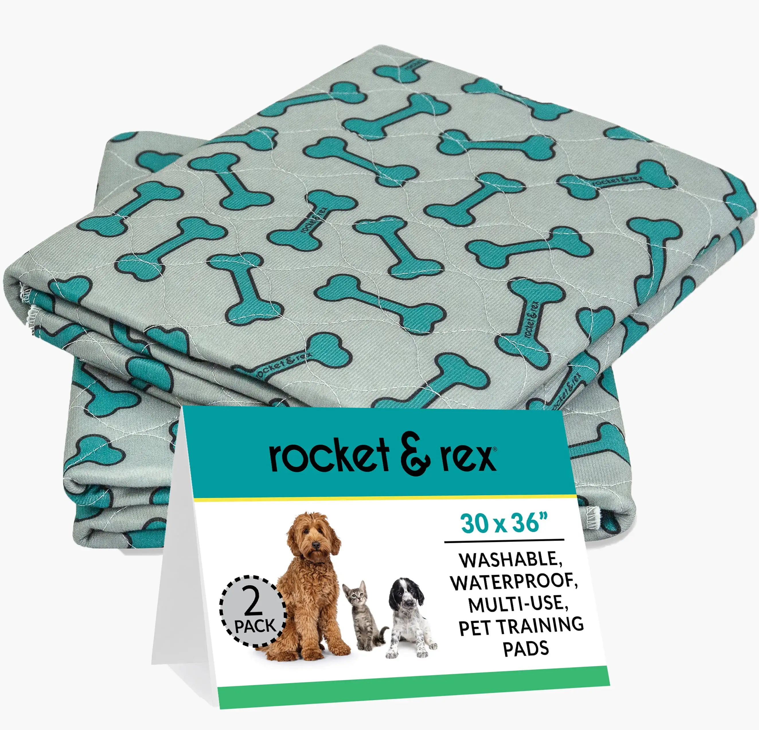 rocket & rex Washable Pee Pads for Dogs | Waterproof. Reusable. Absorbent. Leak-Proof | 2-Pack. 30 x 36 (L)